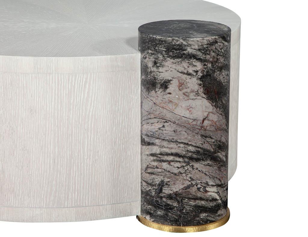 Modern Round Oak Cocktail Coffee Table with Marble Pillar 3