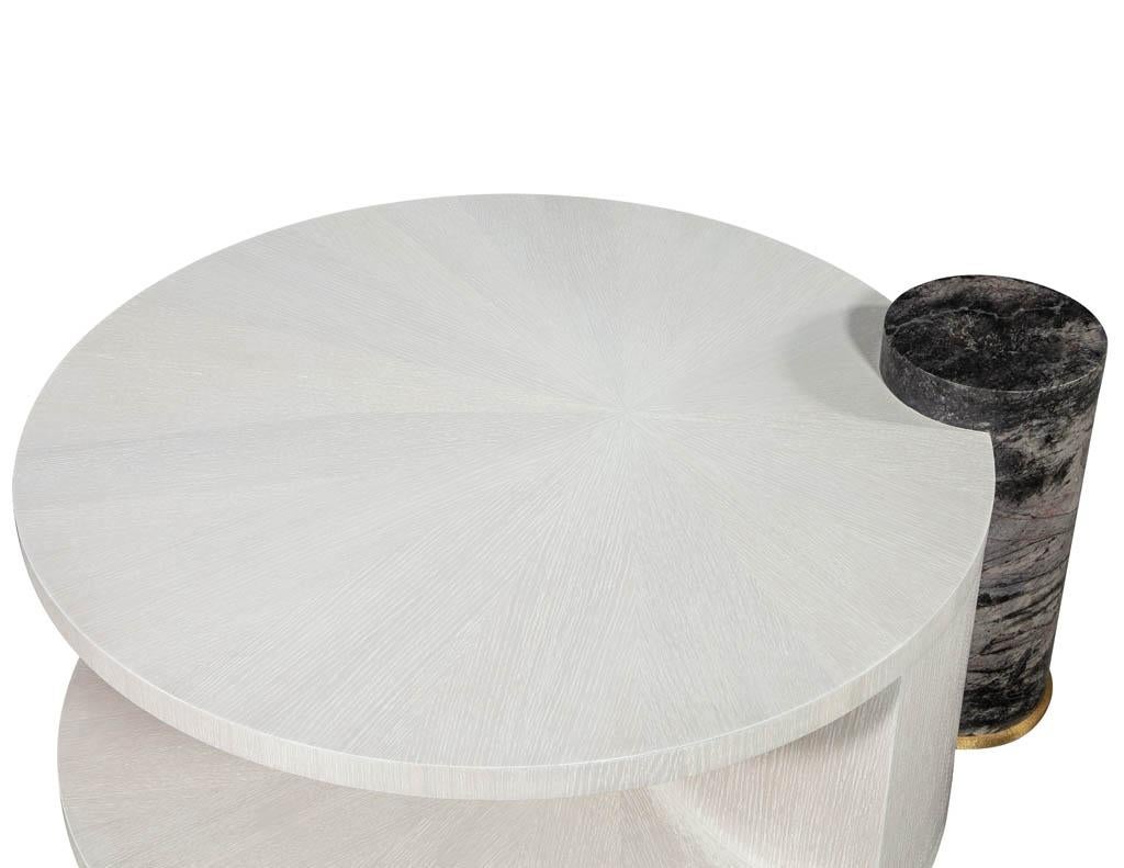 Modern Round Oak Cocktail Coffee Table with Marble Pillar 4