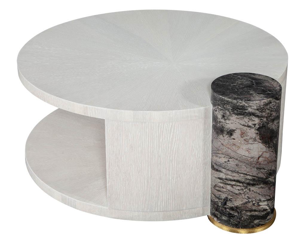 American Modern Round Oak Cocktail Coffee Table with Marble Pillar
