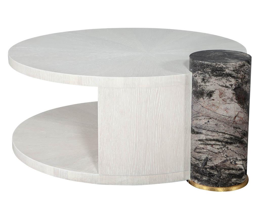 Modern Round Oak Cocktail Coffee Table with Marble Pillar In New Condition In North York, ON