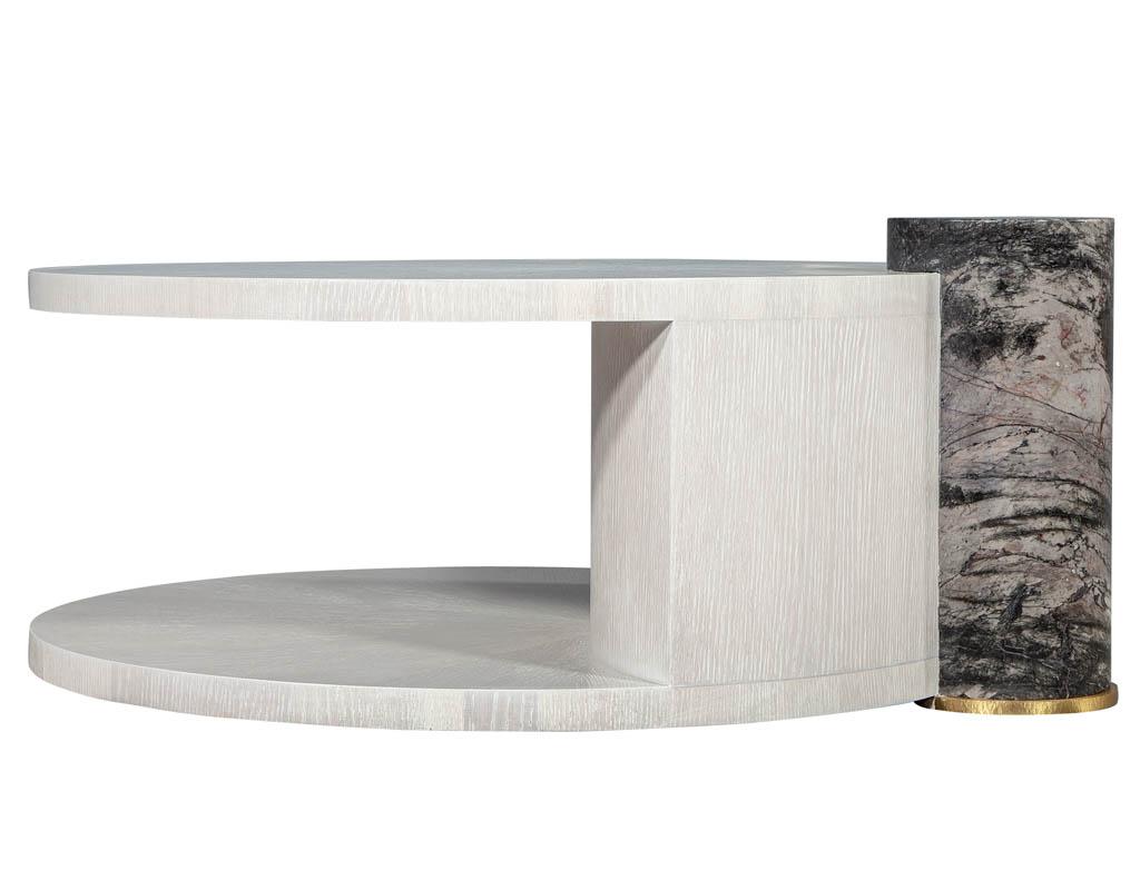 Contemporary Modern Round Oak Cocktail Coffee Table with Marble Pillar