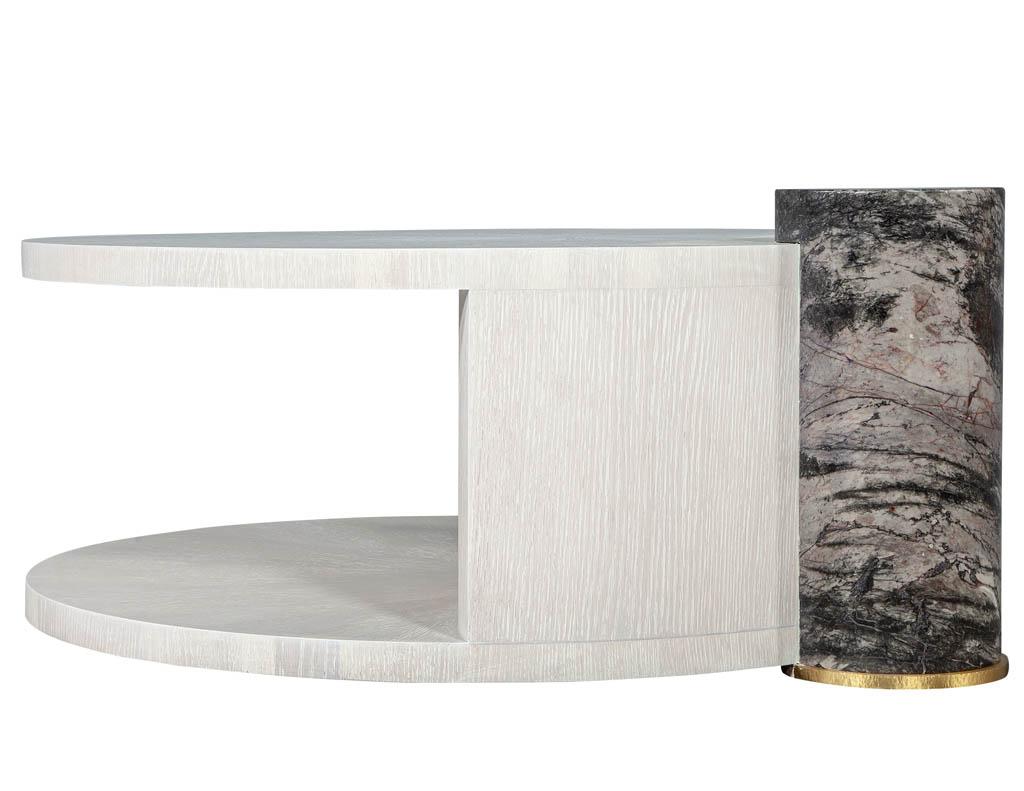 Modern Round Oak Cocktail Coffee Table with Marble Pillar 1