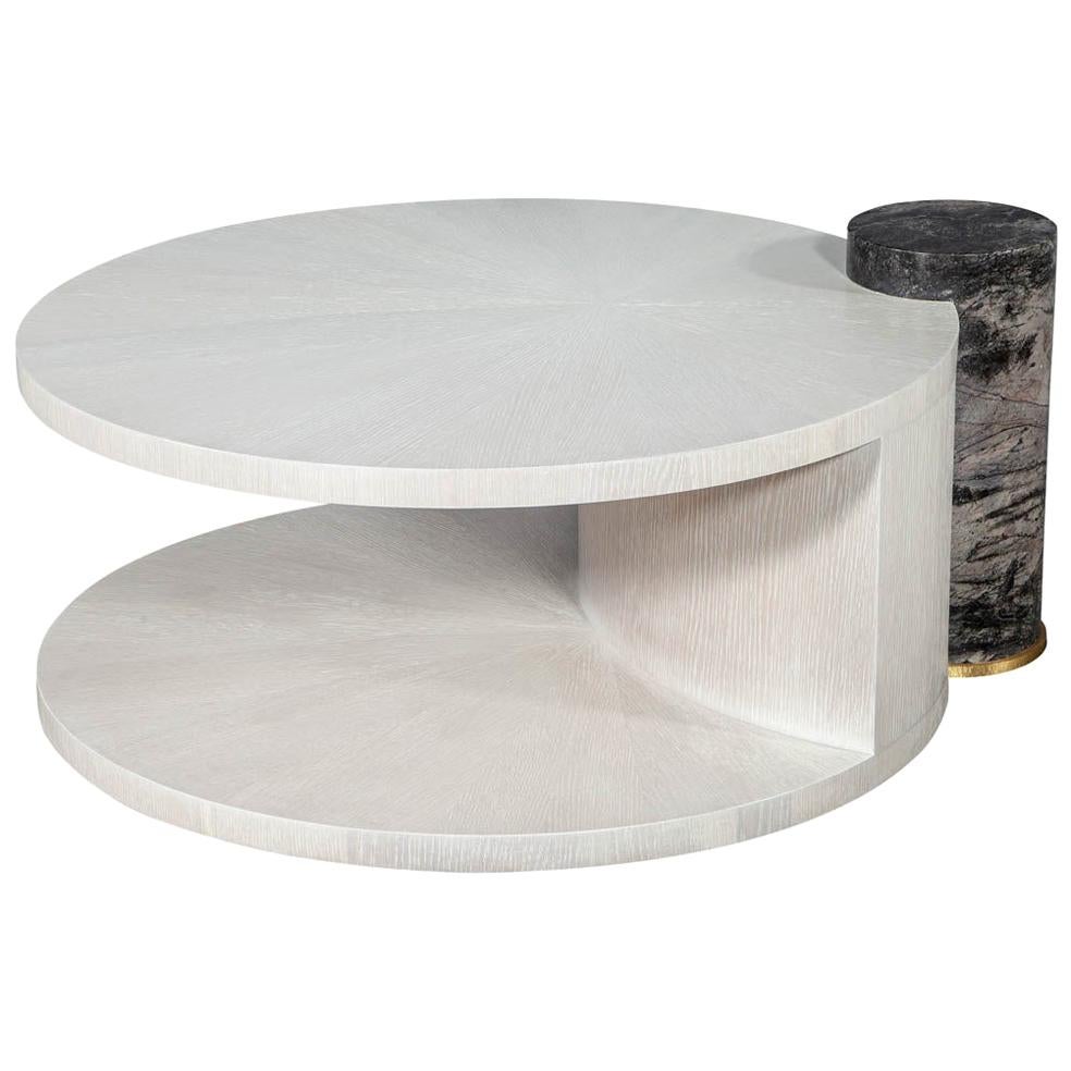 Modern Round Oak Cocktail Coffee Table with Marble Pillar