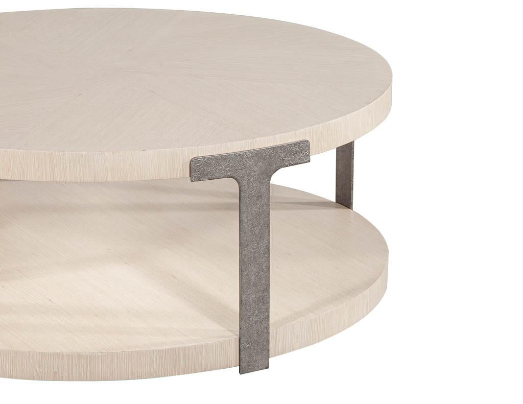 American Modern Round Oak Coffee Table in Sunburst Pattern For Sale