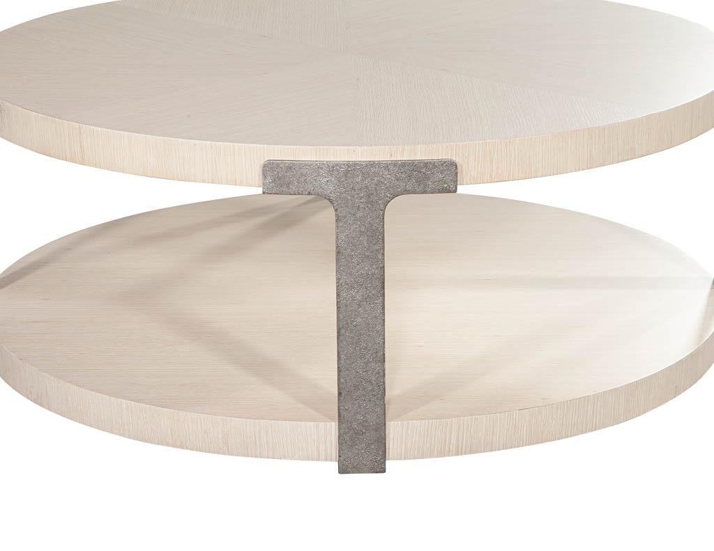 Metal Modern Round Oak Coffee Table in Sunburst Pattern For Sale