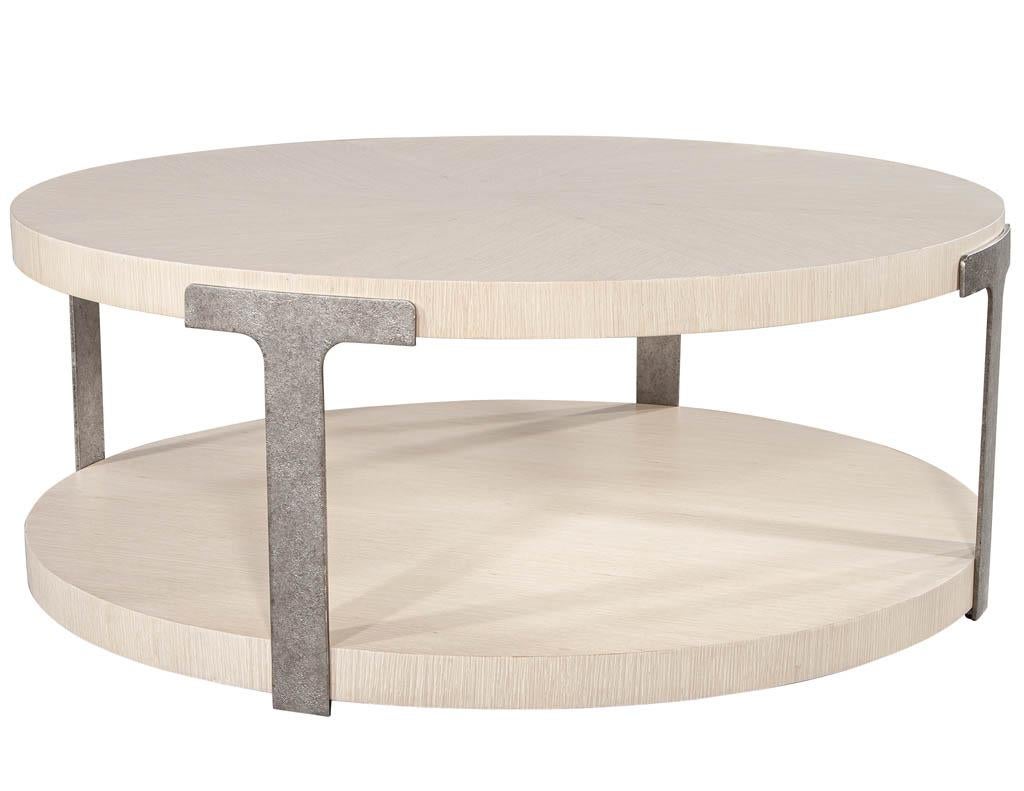 Modern Round Oak Coffee Table in Sunburst Pattern For Sale 1