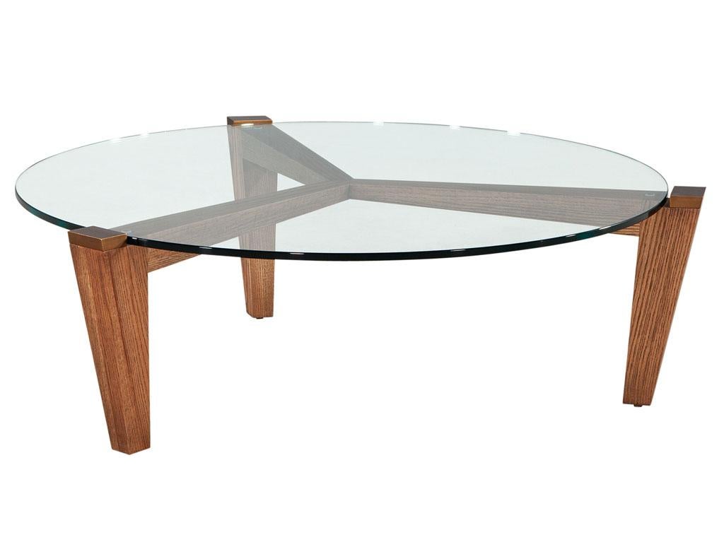 Glass Modern Round Oak Coffee Table with Metal Accents by Ellen Degeneres Salina Table For Sale