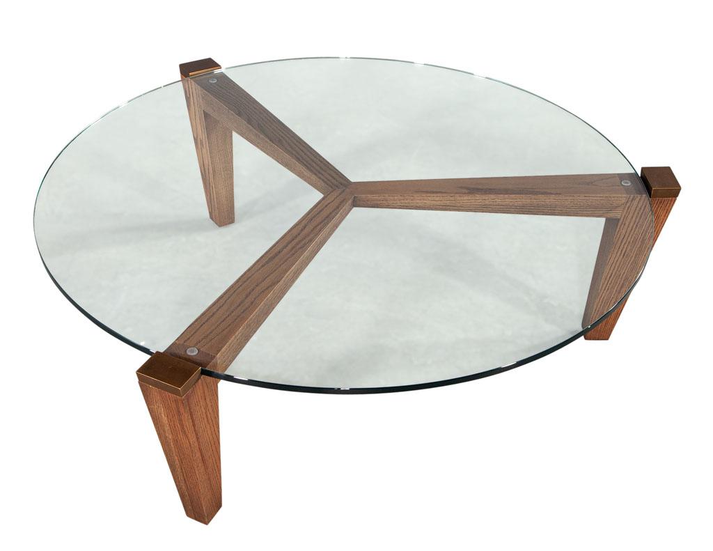 Contemporary Modern Round Oak Coffee Table with Metal Accents by Ellen Degeneres Salina Table For Sale