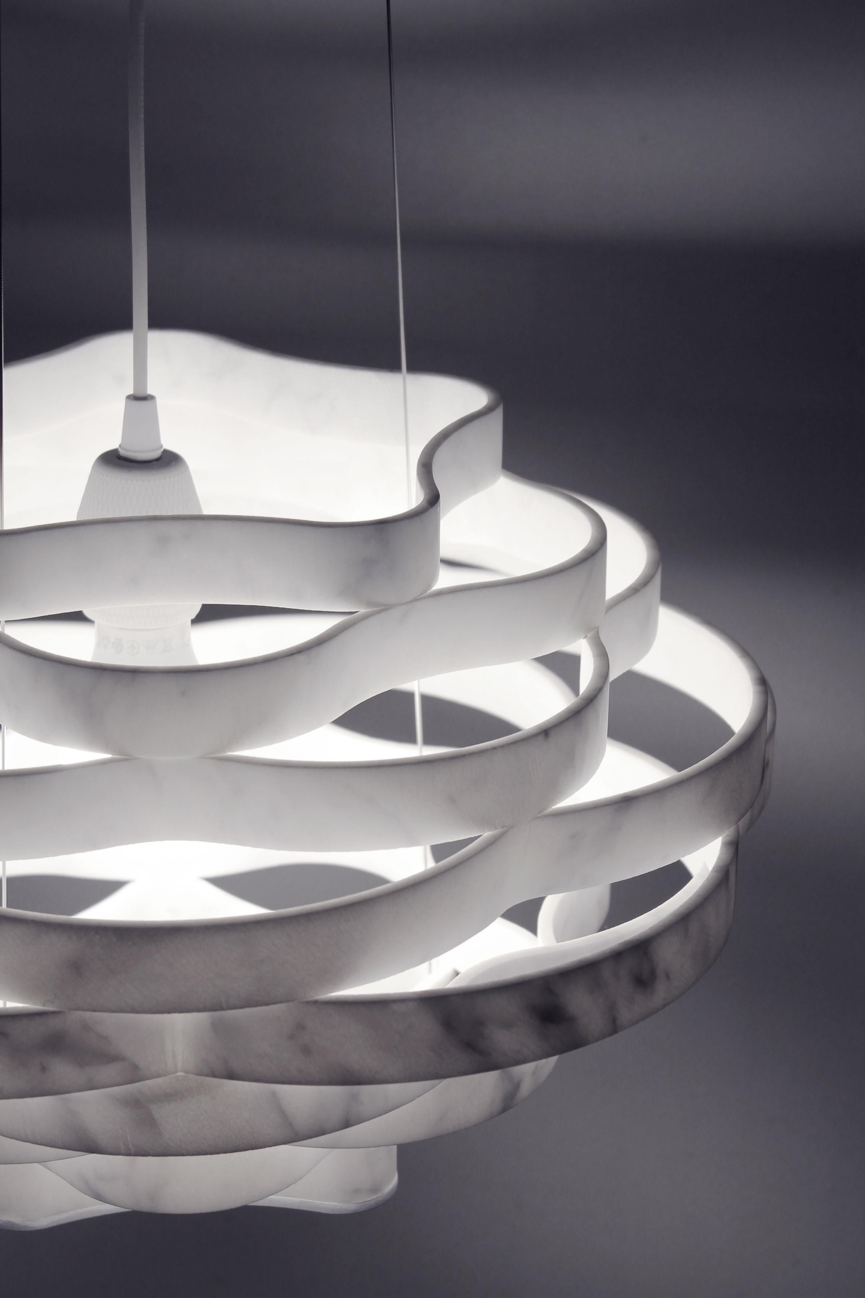 Italian Modern Round Pendant Light Carrara White Marble Polished Paolo Ulian for Dilmos  For Sale