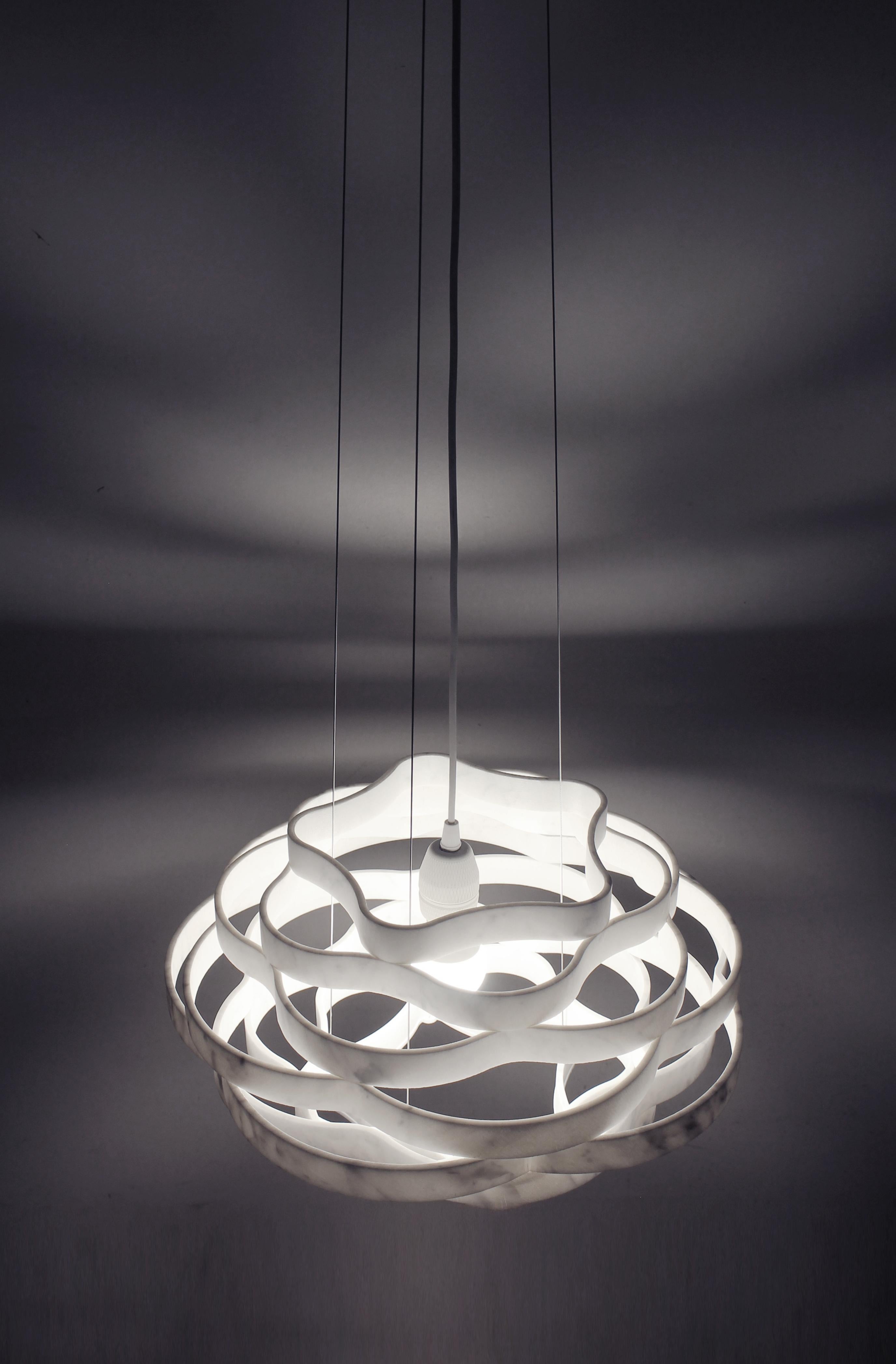 Contemporary Modern Round Pendant Light Carrara White Marble Polished Paolo Ulian for Dilmos  For Sale