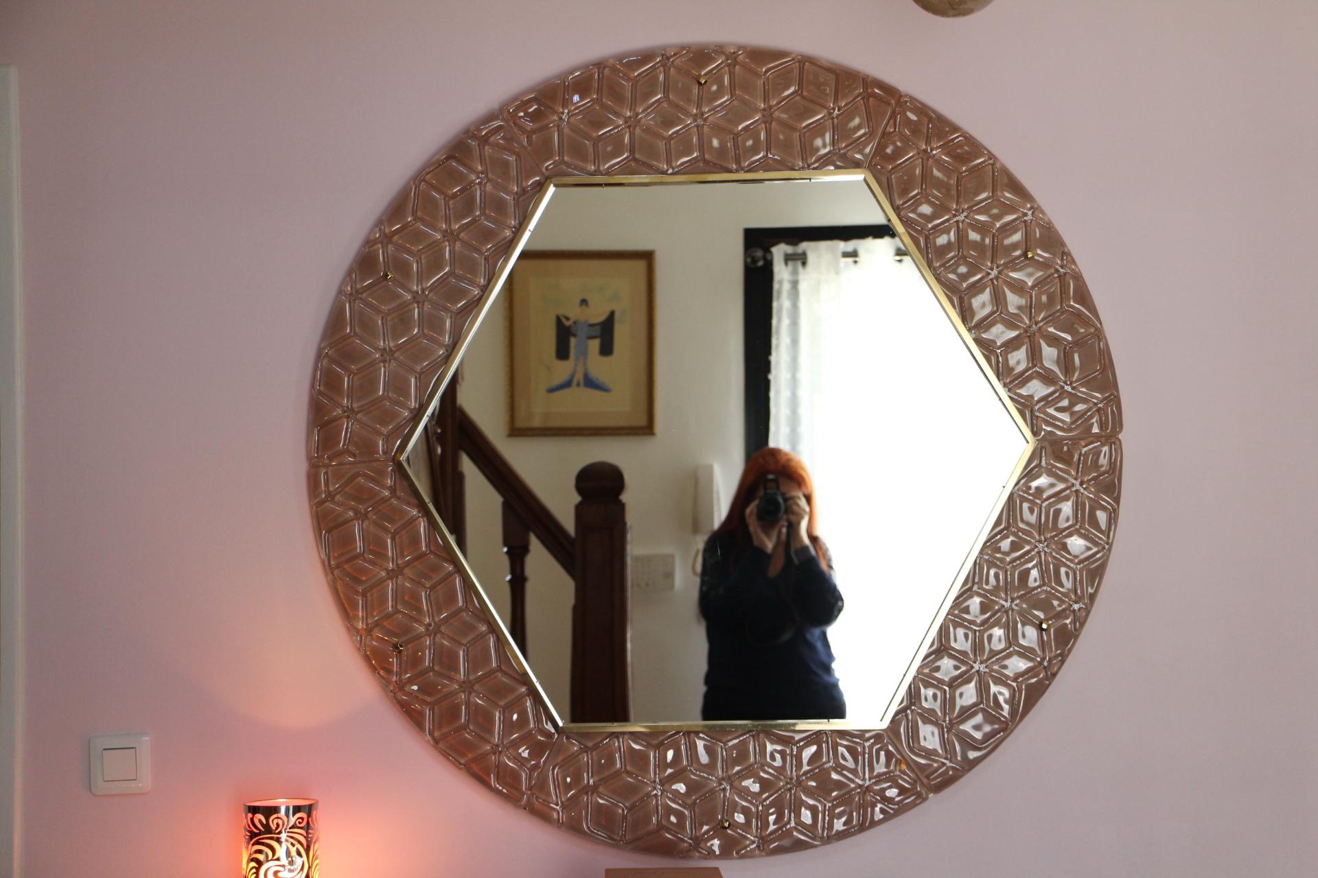 Modern Round Pink Textured Murano Glass Surround Mirror 3