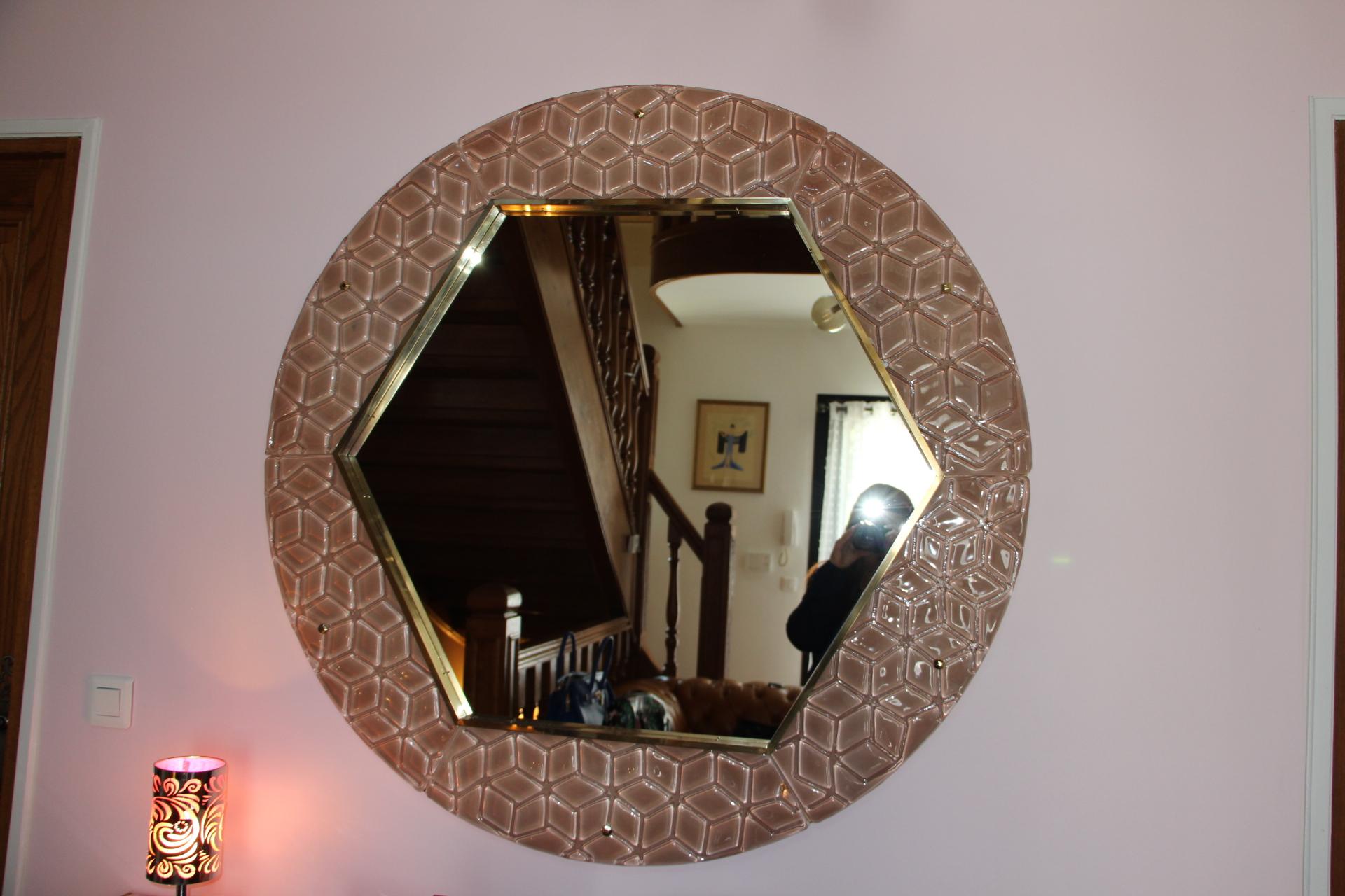 Italian Modern Round Pink Textured Murano Glass Surround Mirror