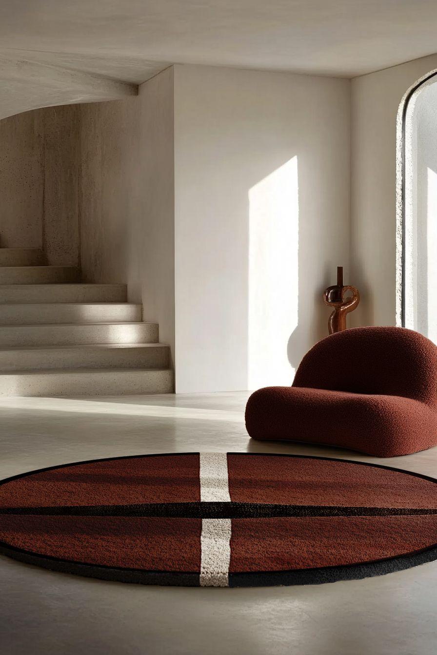 Modern Round Rug Geometric Organic Pattern Brown, Dark Red, Black & White

The Vetiver Round Rug exudes natural elegance and sophistication. Inspired by Vetiver’s earthy, woody richness, this brown rug perfectly balances raw nature and refined
