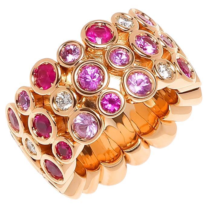 Purple Pink Rose Sapphire Diamond Bezel Eternity Band 18 Karat Rose Gold Ring For Sale