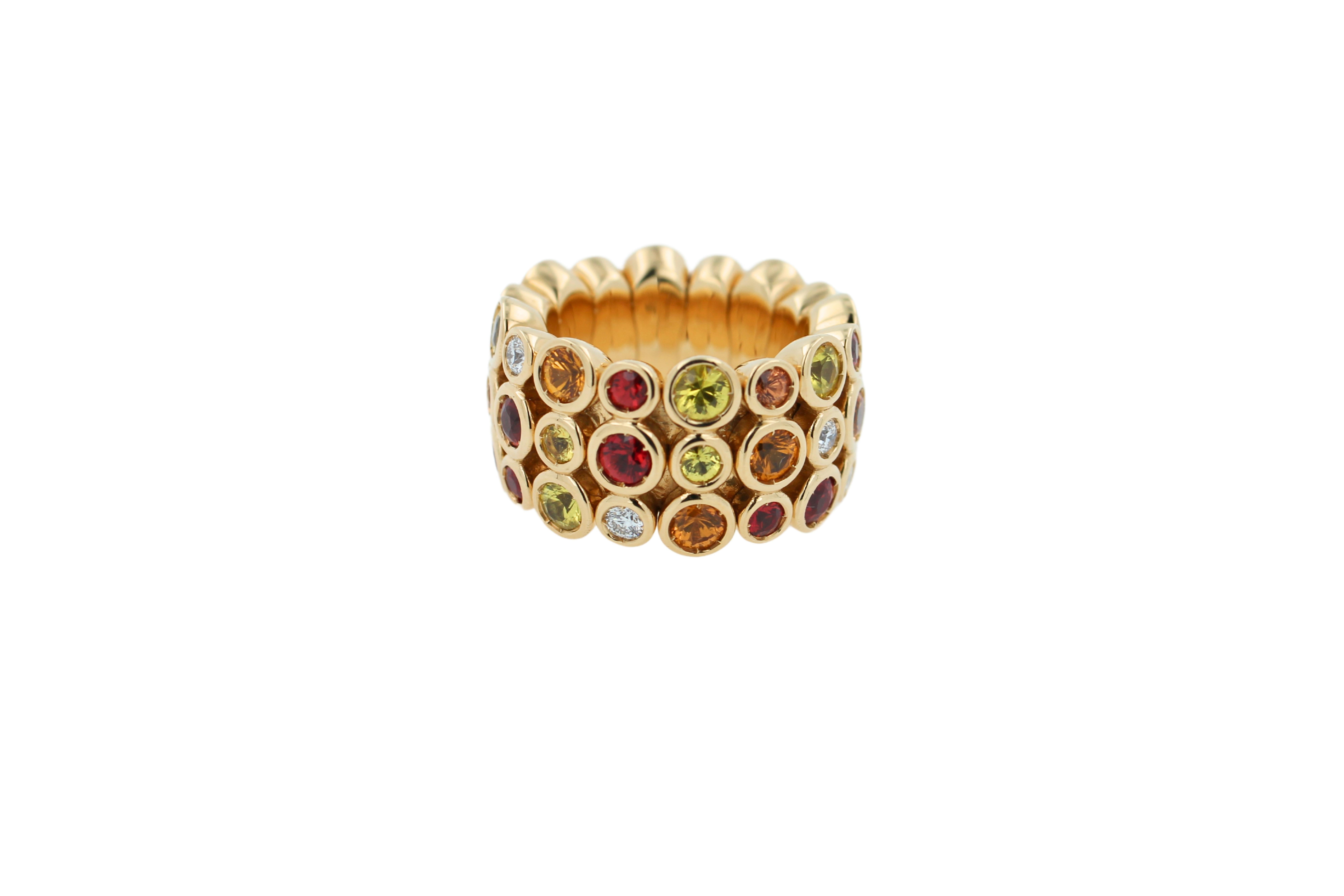 Modern Round Sapphires, Rubies & Diamonds Ring Set in 18K Yellow Gold For Sale 9
