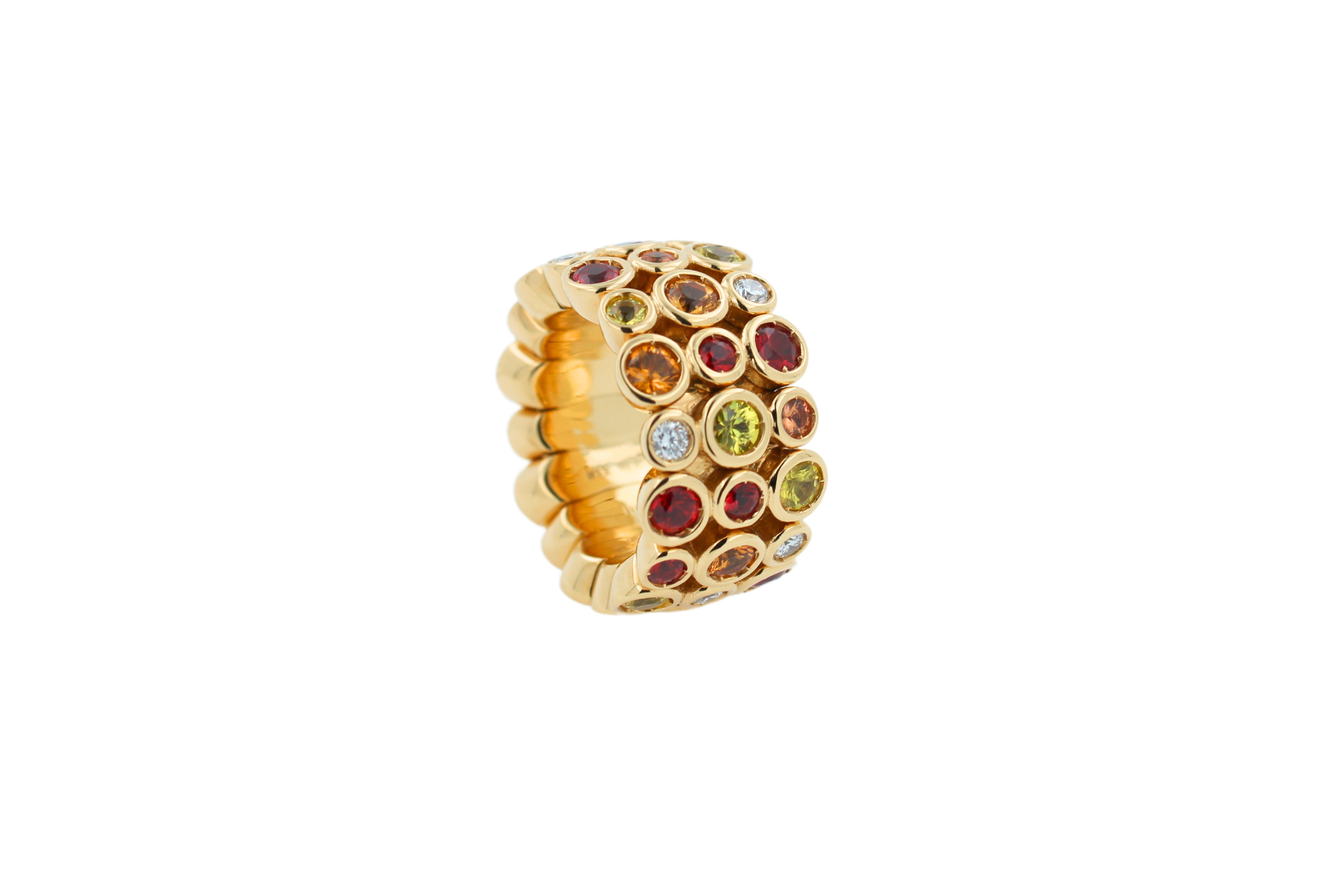 Modern Round Sapphires, Rubies & Diamonds Ring Set in 18K Yellow Gold For Sale 10