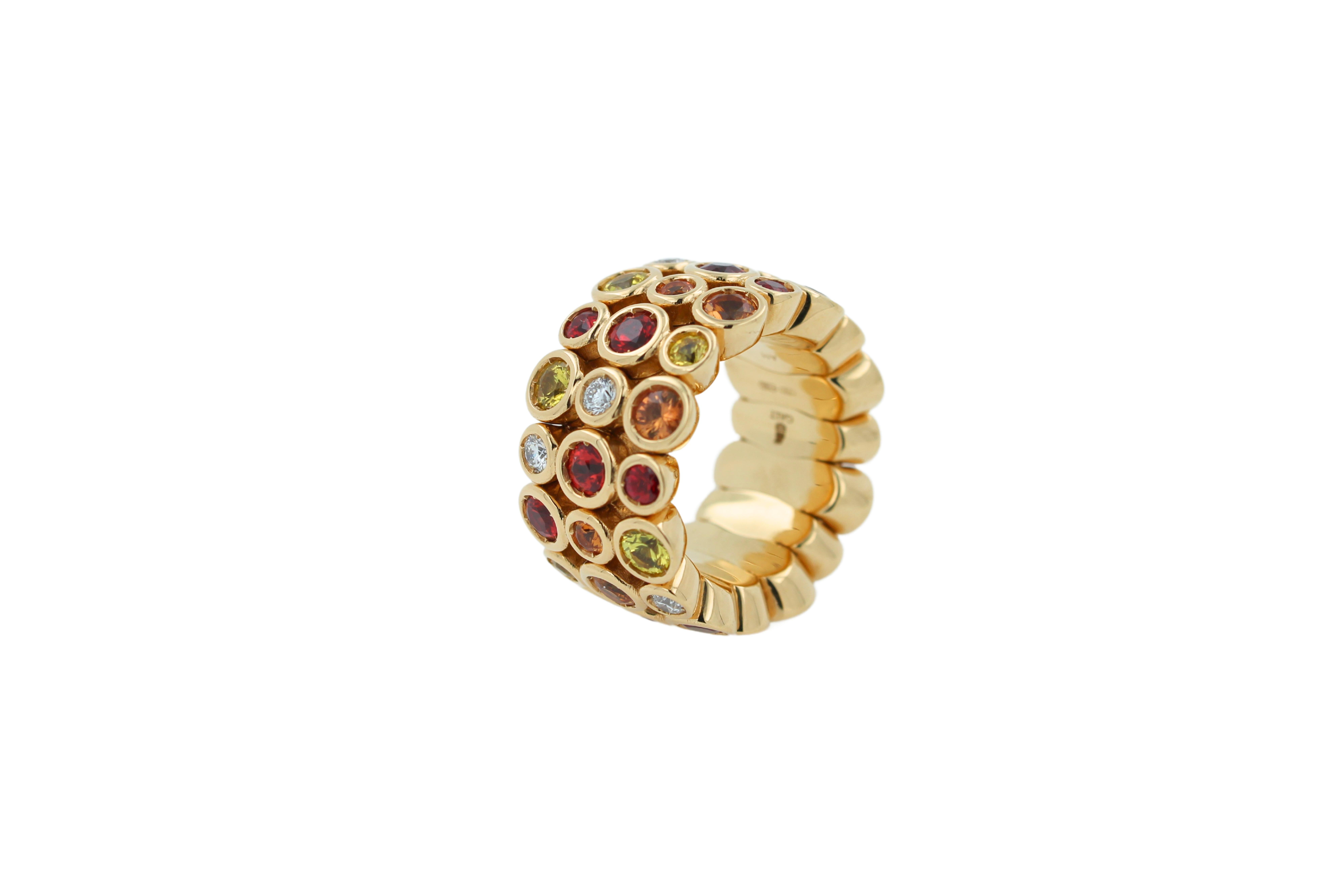 Modern Round Sapphires, Rubies & Diamonds Ring Set in 18K Yellow Gold For Sale 13