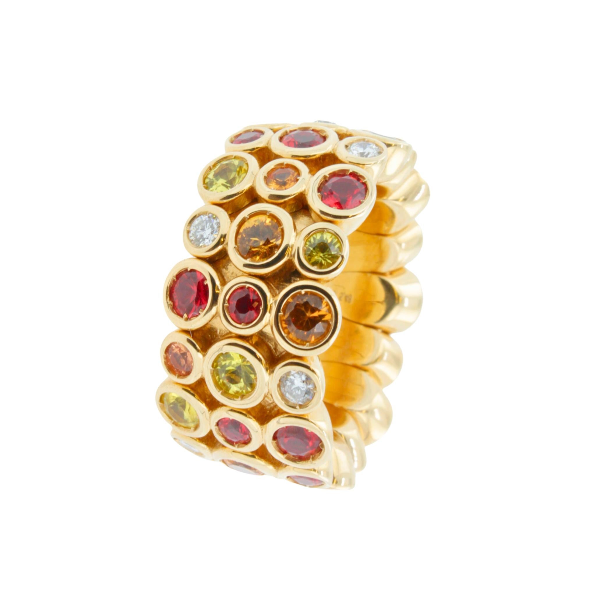 Modern Round Sapphires, Rubies & Diamonds Ring Set in 18K Yellow Gold For Sale 3