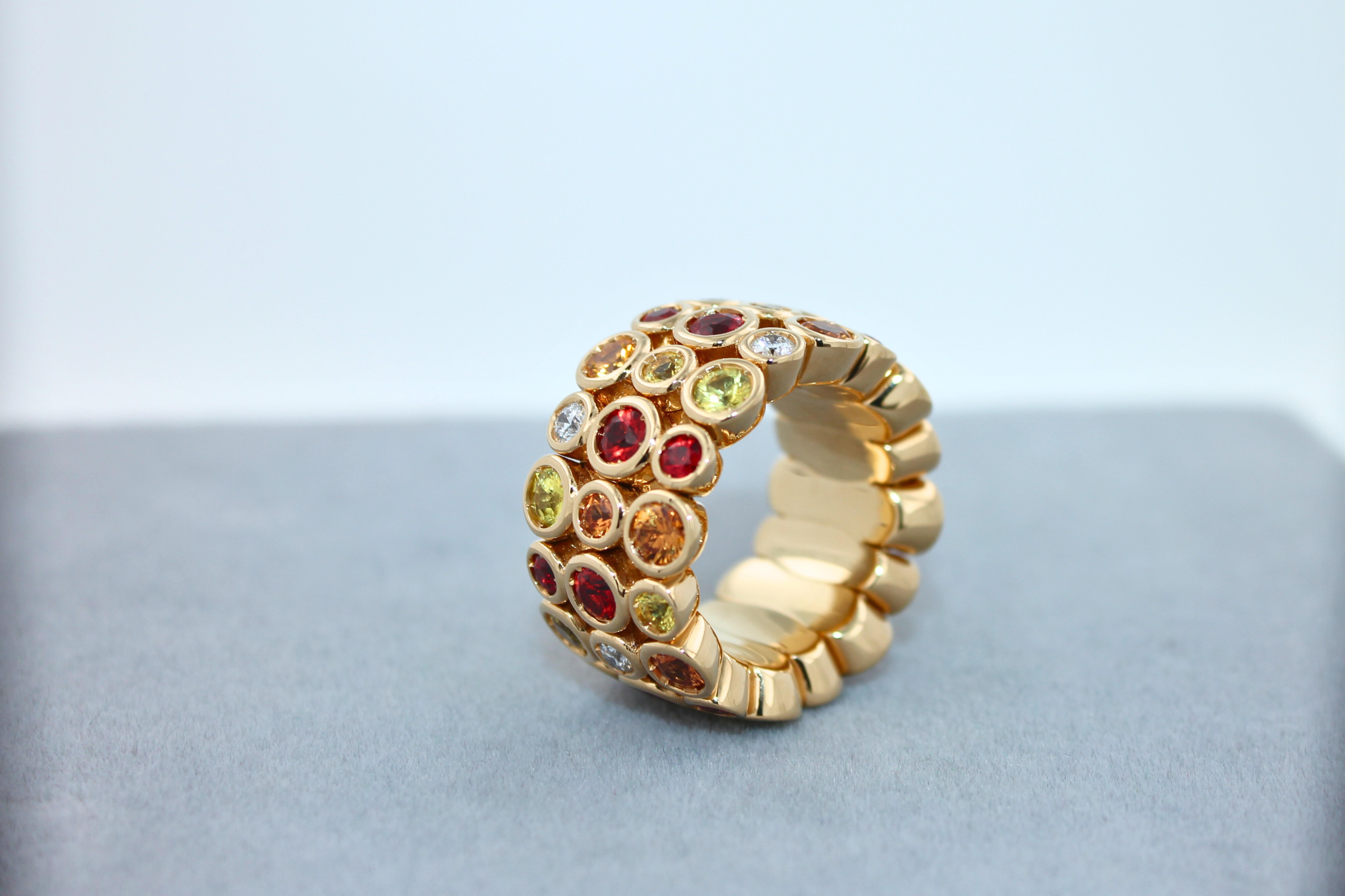 Women's or Men's Modern Round Sapphires, Rubies & Diamonds Ring Set in 18K Yellow Gold For Sale