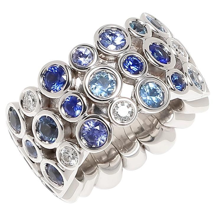 Blue Sapphire Sky Topaz Diamond Flexible Bezel Eternity 18K White Gold Ring Band