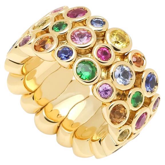 Multicolor Rainbow Sapphire Gemstone Bezel Eternity Band 18K Yellow Gold Ring For Sale