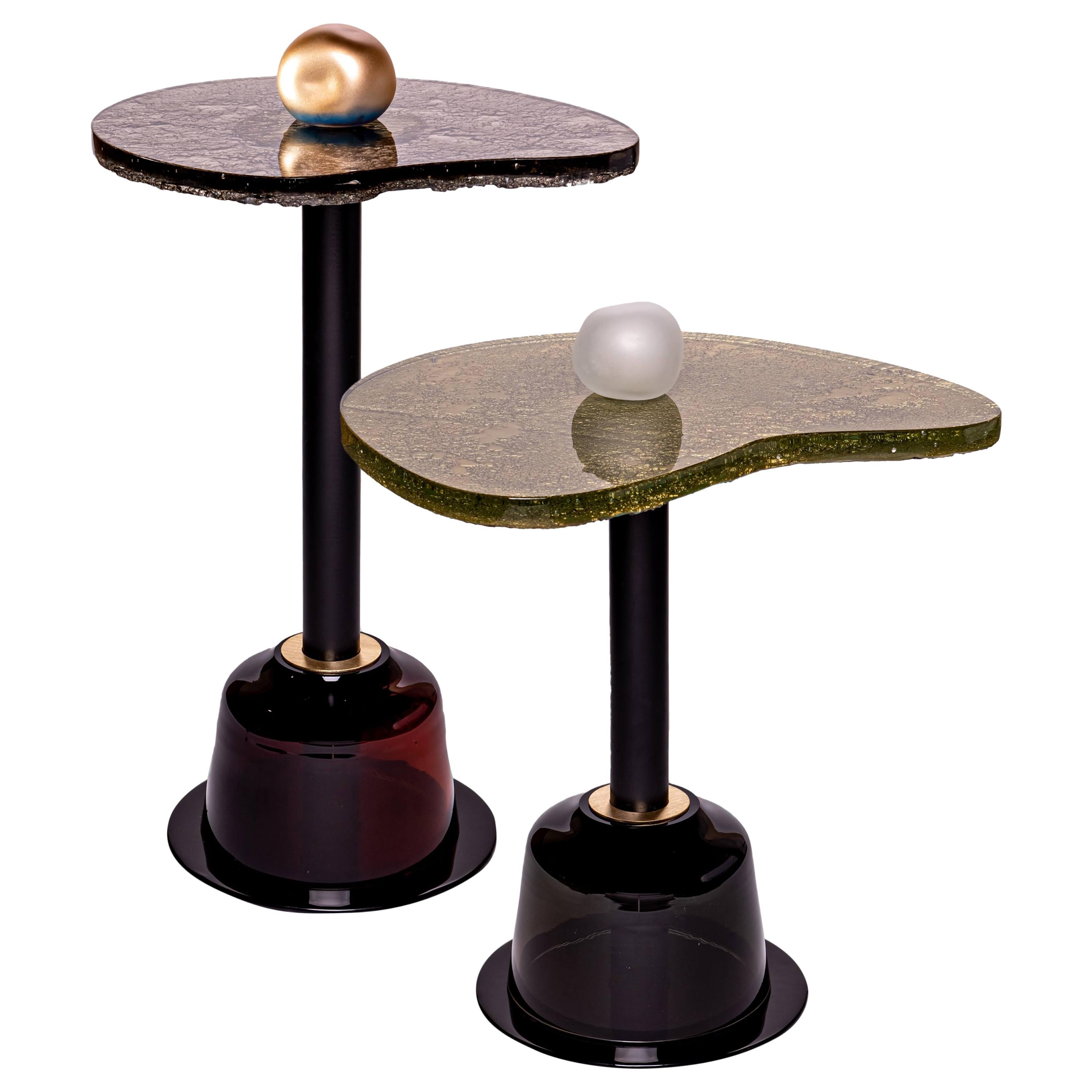 Modern Round Side and Coffee Tables "Fables- Autumn" Murano Glass Gold, Brown