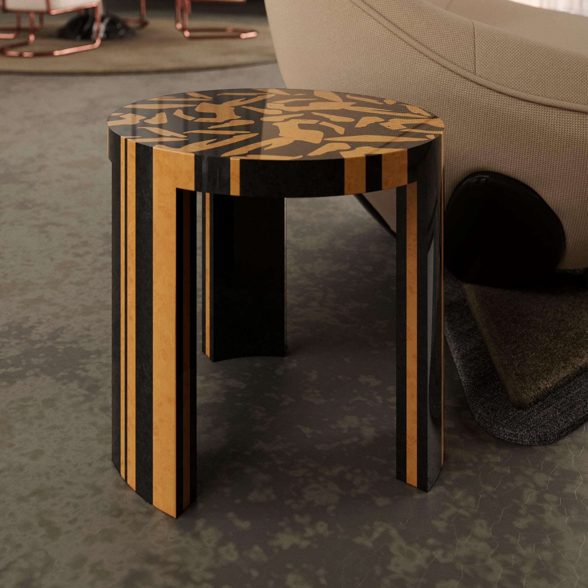 Portuguese Modern Round Side Table Figure Abstract Pattern Wood Marquetry Beige & Black For Sale