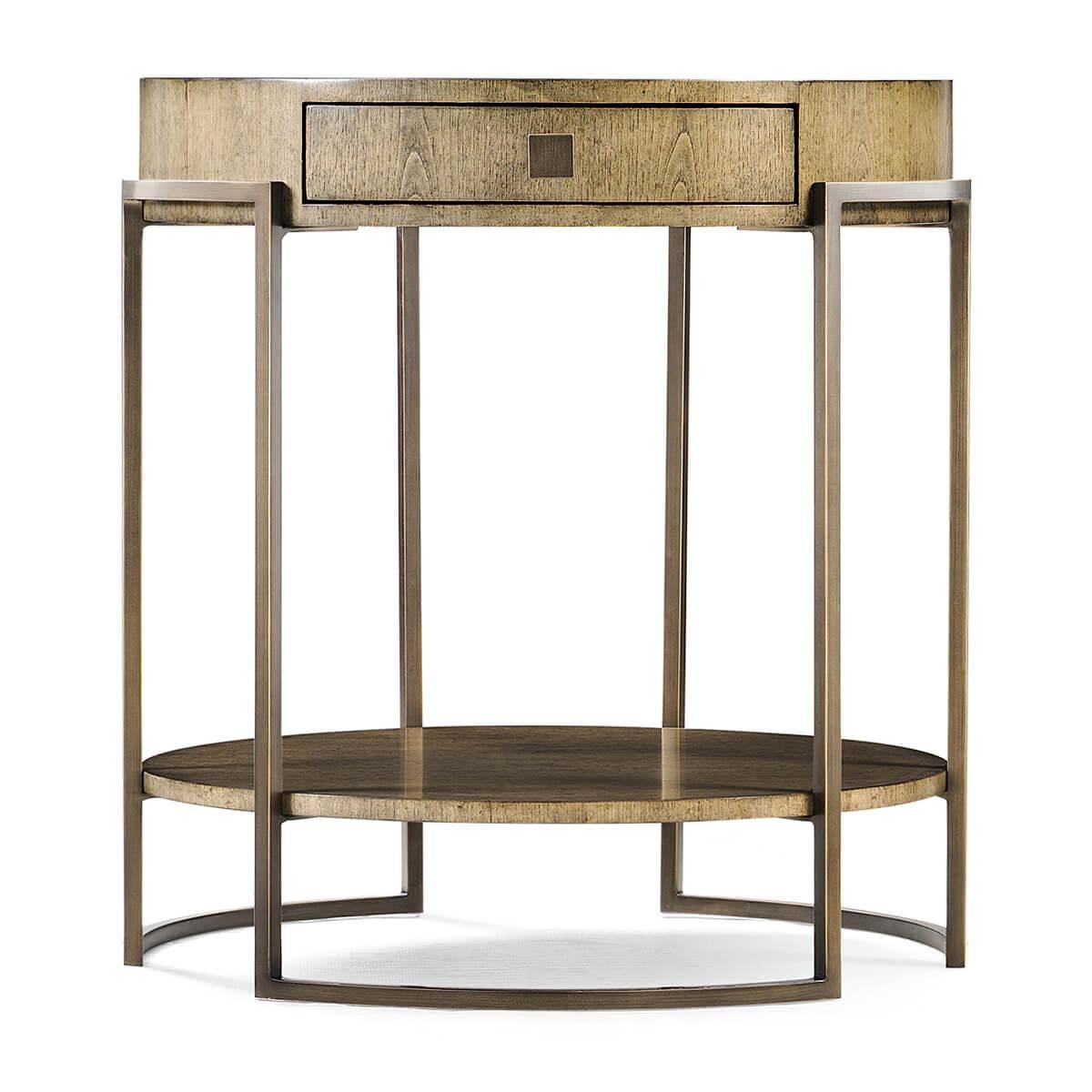A modern chestnut round side table with a single frieze drawer and an iron under-tier with a light bronze finish.
Dimensions: 24