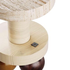 Modern Round Side Table in Travertine and Walnut Wood and Ash Wood