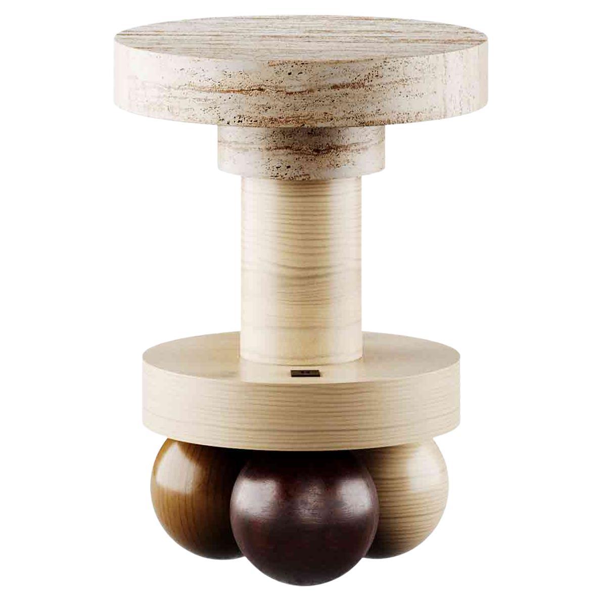 Modern Round Side Table in Travertine and Walnut Wood and Ash Wood
