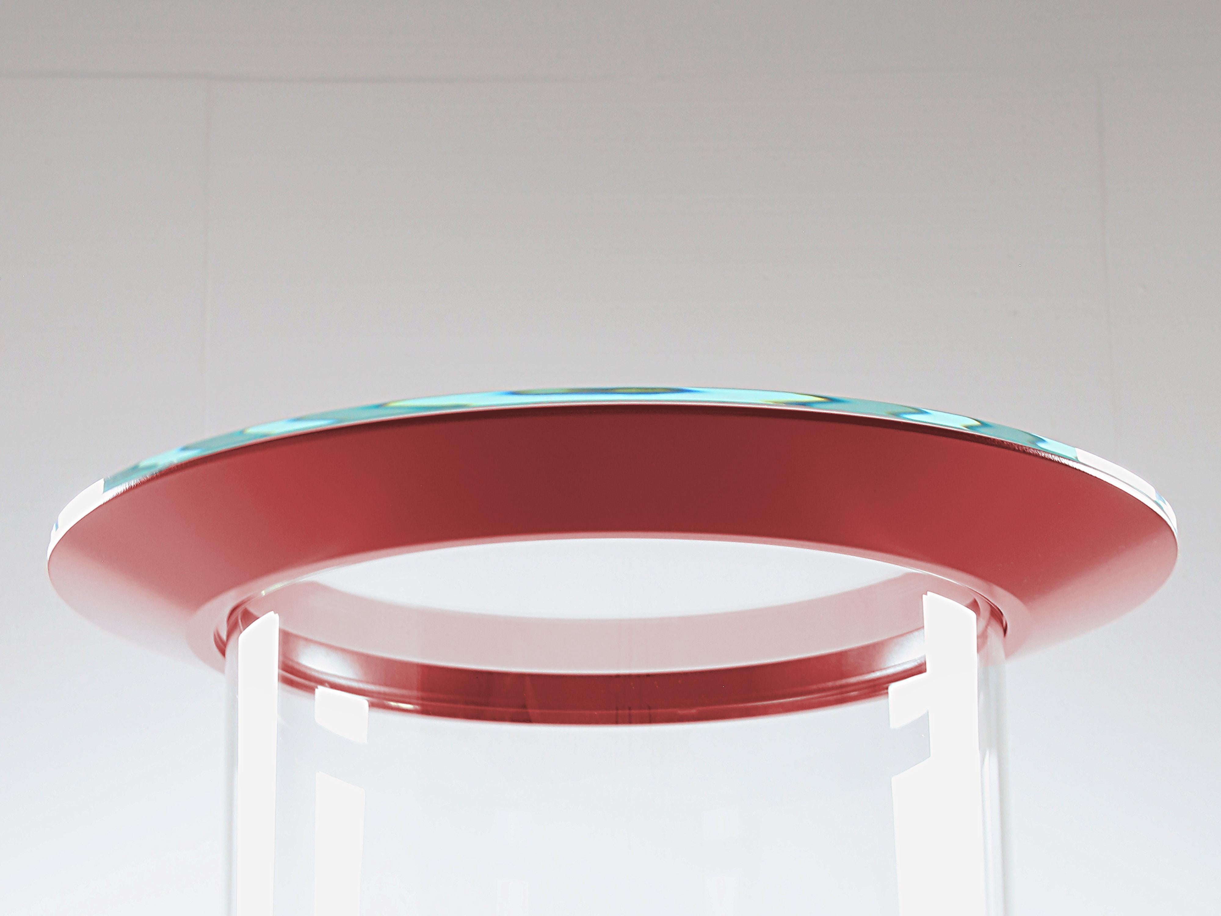Lacquered Modern Round Side Table with Glass and Red Finish For Sale
