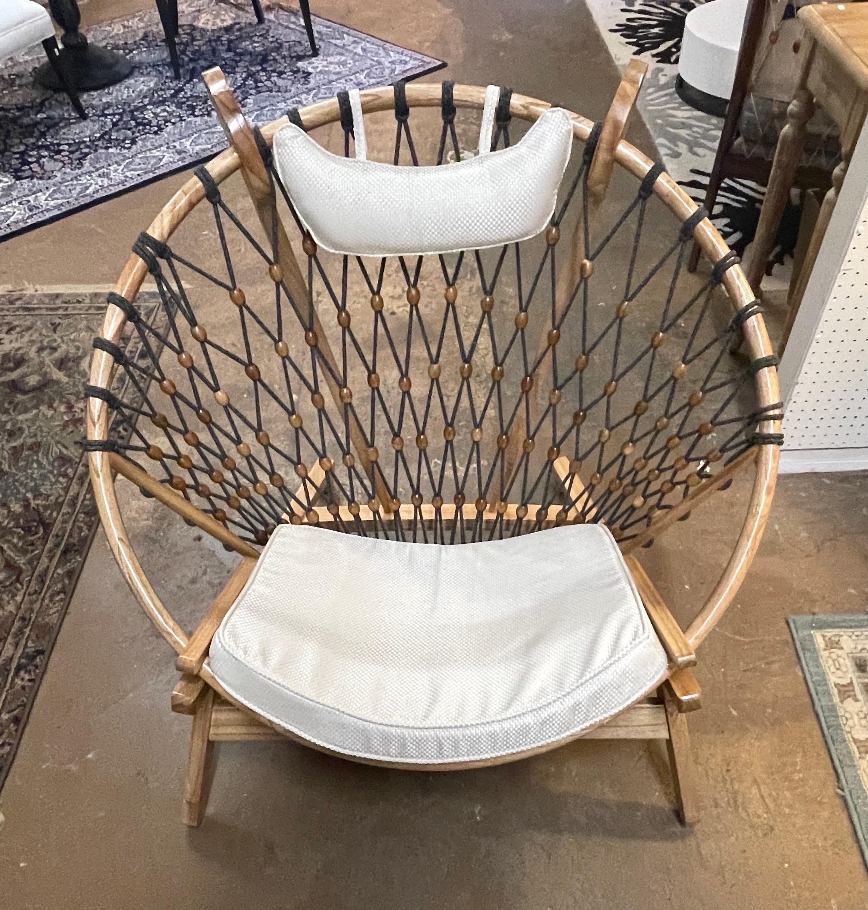 Modern Round 'Snowshoe' Wood & Woven Rope Lounge Chair, 4 Available 
Warehouse Inventory find of 4 unique organic sculptural lounge chairs, can be used indoors or outdoors. Sold Individually 
Design influences of the American Indian Ute Indian