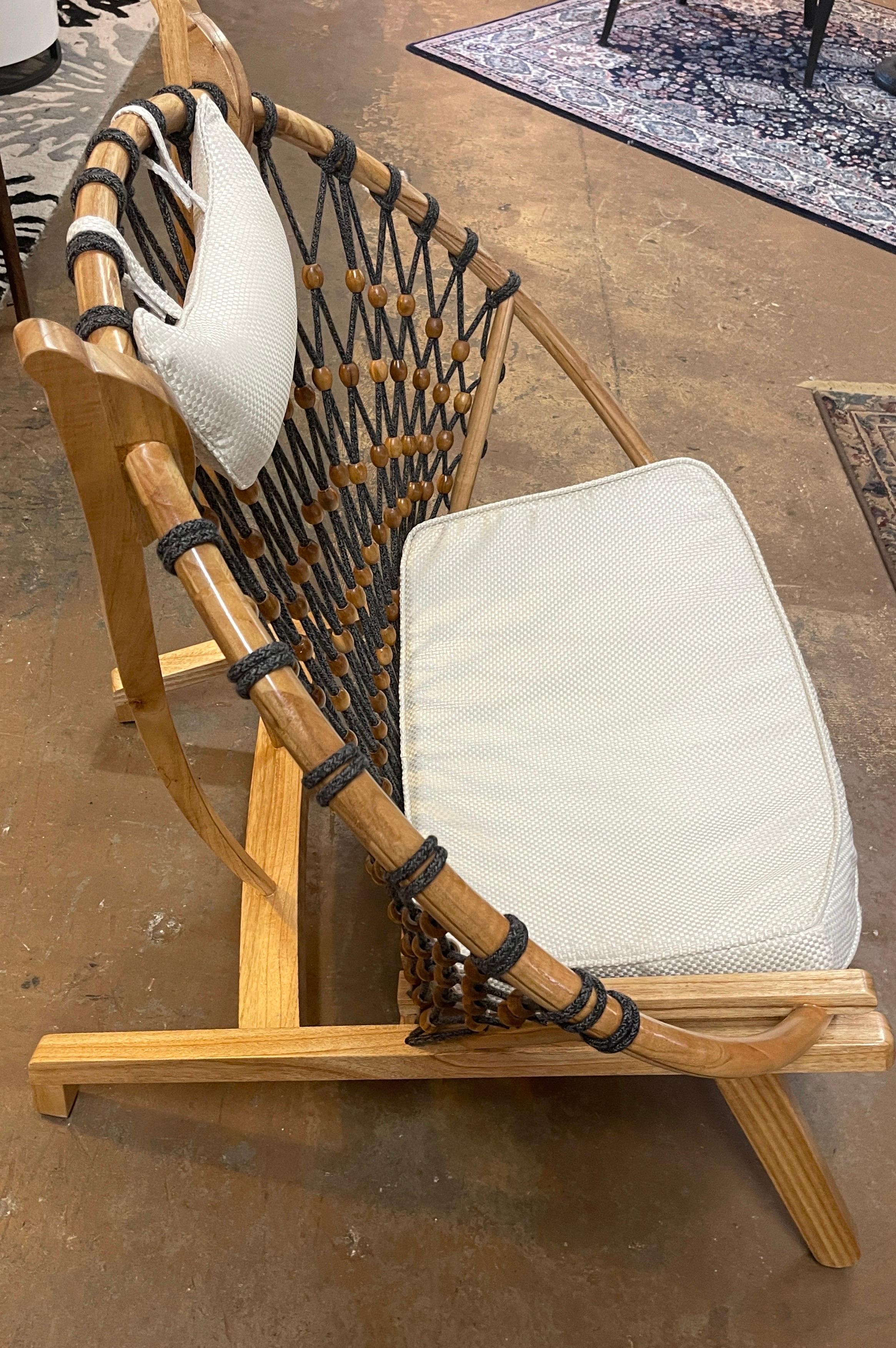 Modern Round 'Snowshoe' Wood & Woven Rope Lounge Chair, 4 Available  In Good Condition For Sale In West Palm Beach, FL