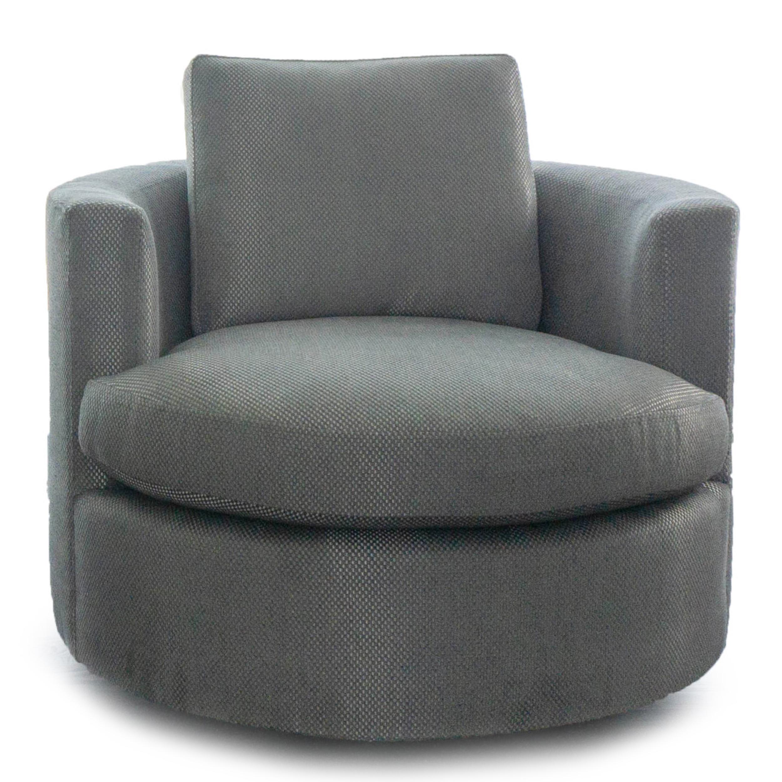 This modern swivel chair is built to order and completely customizable. Able to rotate 360 degrees and features one loose back and seat cushion.

Measurements:
Overall: 37” W x 37” D x 32” H
Inside: 20” D x 14” H
Seat Height: 18