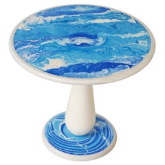 Cupioli Round Table White Marble Blue Scagliola Art Top  Handmade in Italy