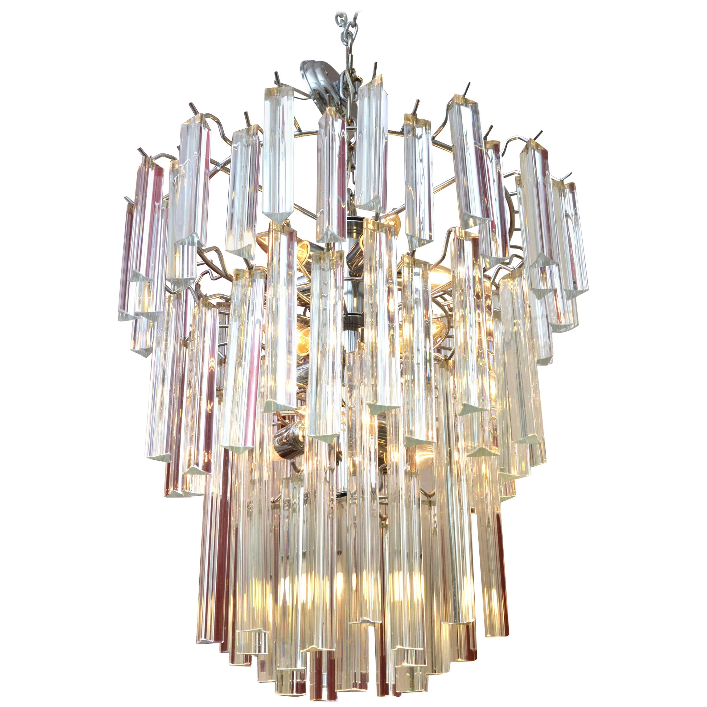 Modern Round Tiered Crystal and Chrome Chandelier