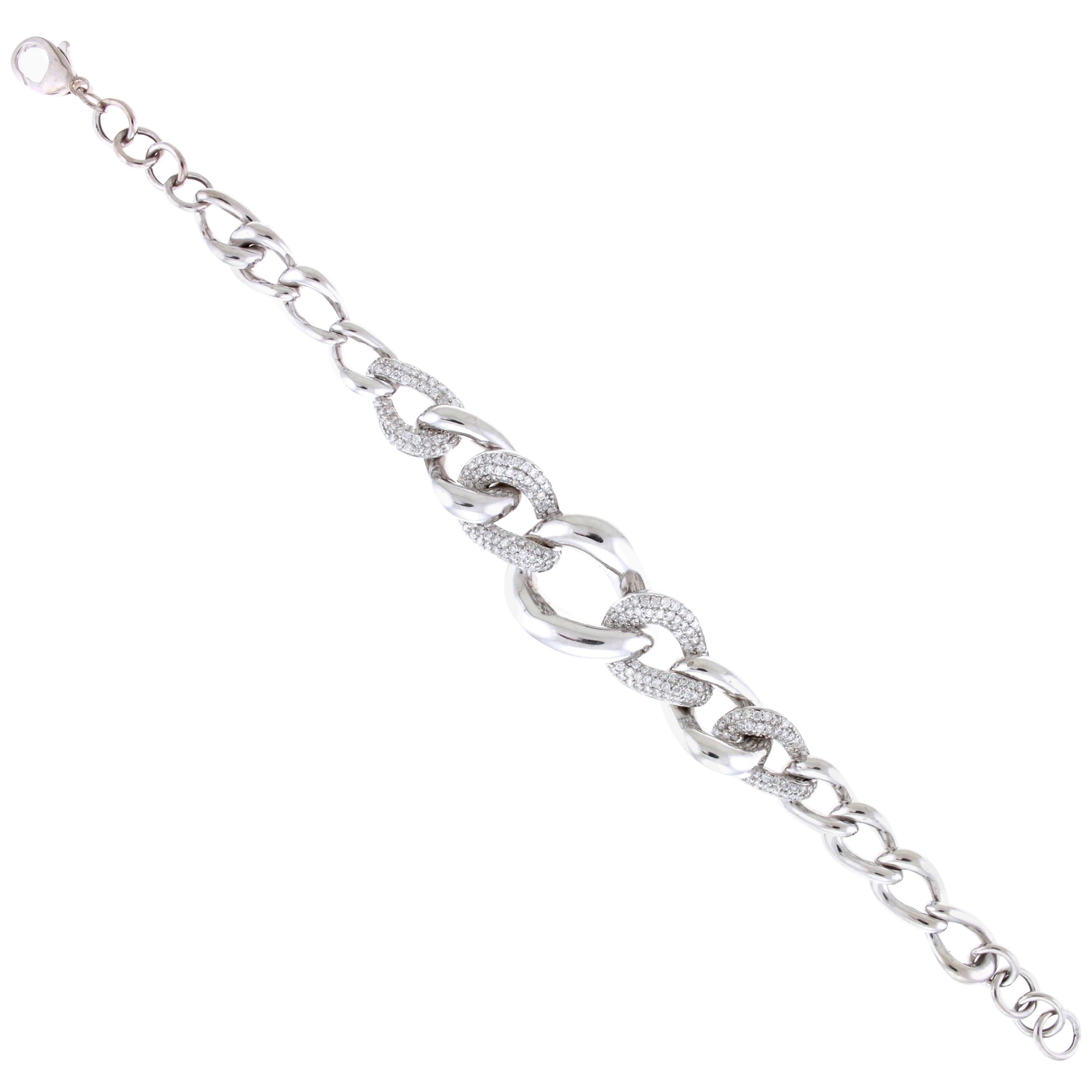Modern Round White Diamond Twisted Link Chain Bracelet 14 Karat Gold