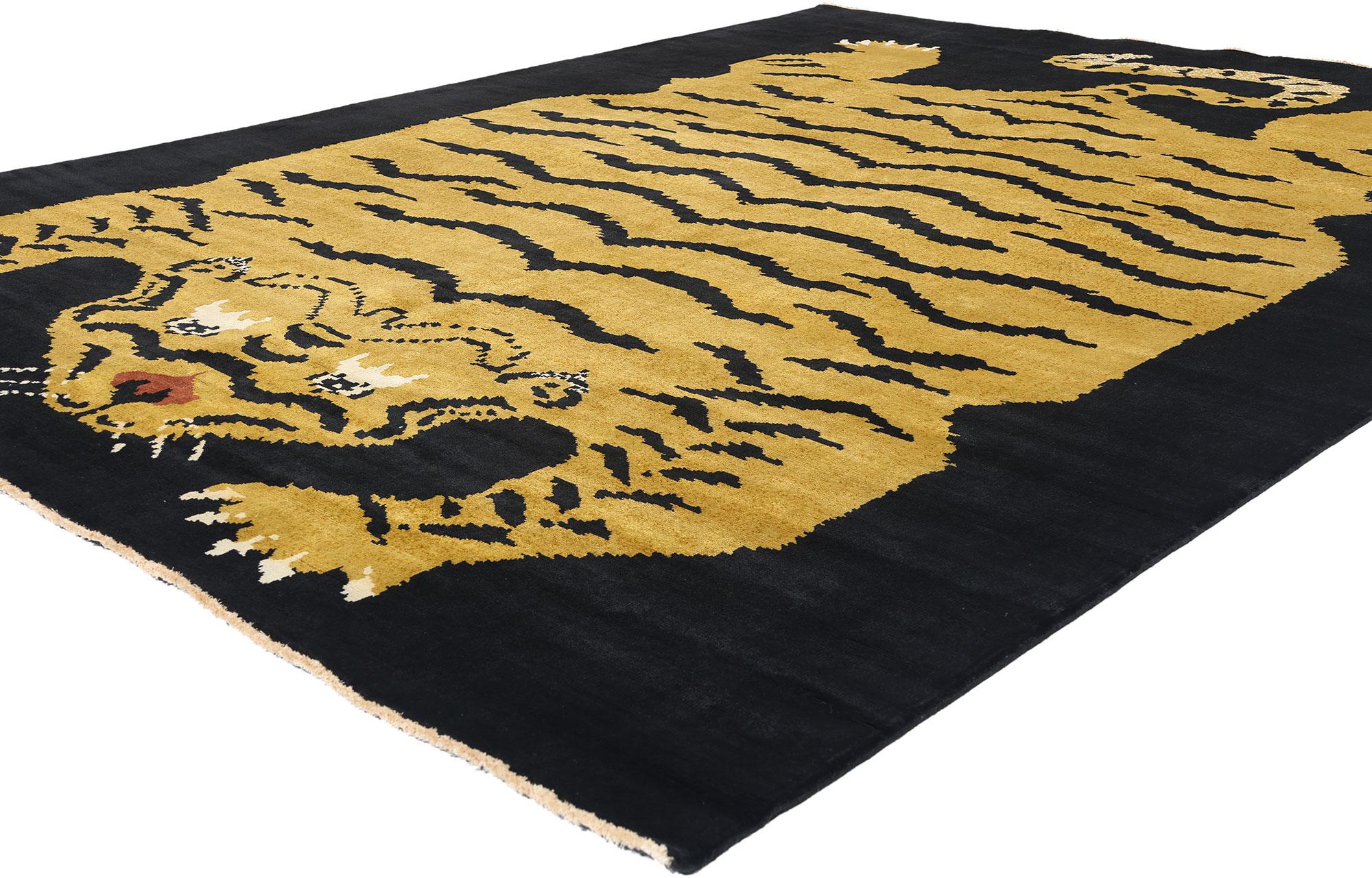 31324 Modern Tibetan Tiger Rug, 08'00 x 10'01. Modern Tibetan Tiger rugs, though named after their Tibetan origins, are primarily produced in India today. They are characterized by bold tiger motifs, often depicted in stylized or abstract forms,