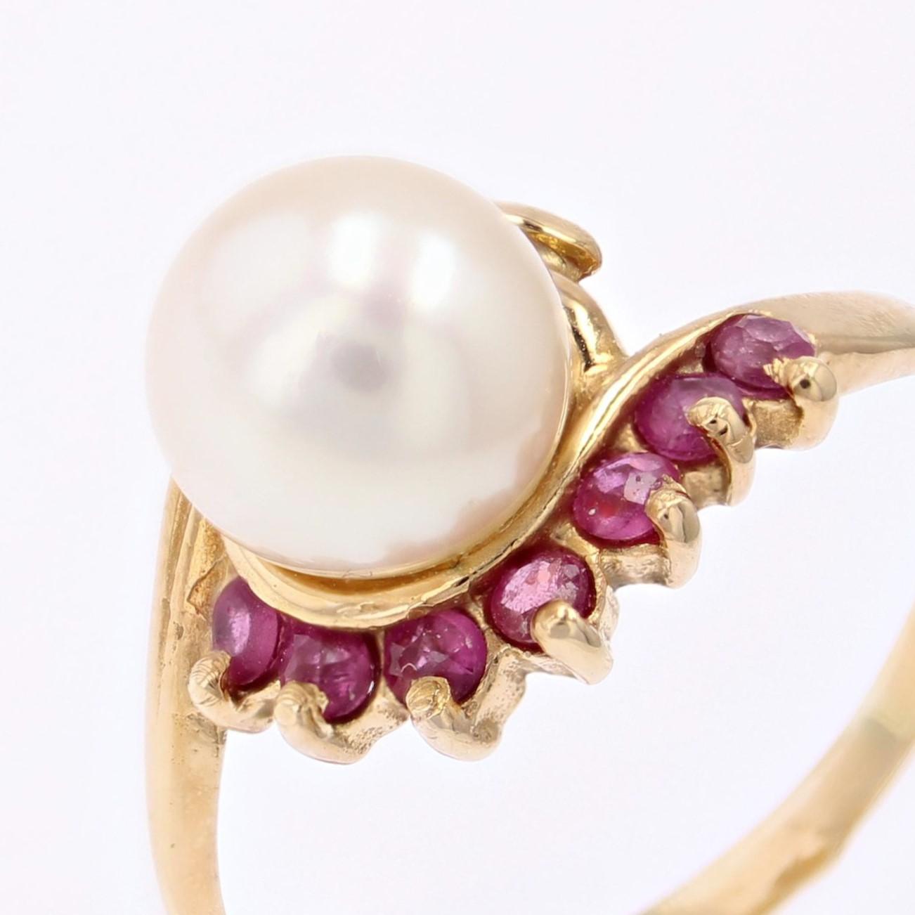 Modern Rubies Cultured Pearl 18 Karat Yellow Gold Ring For Sale 5
