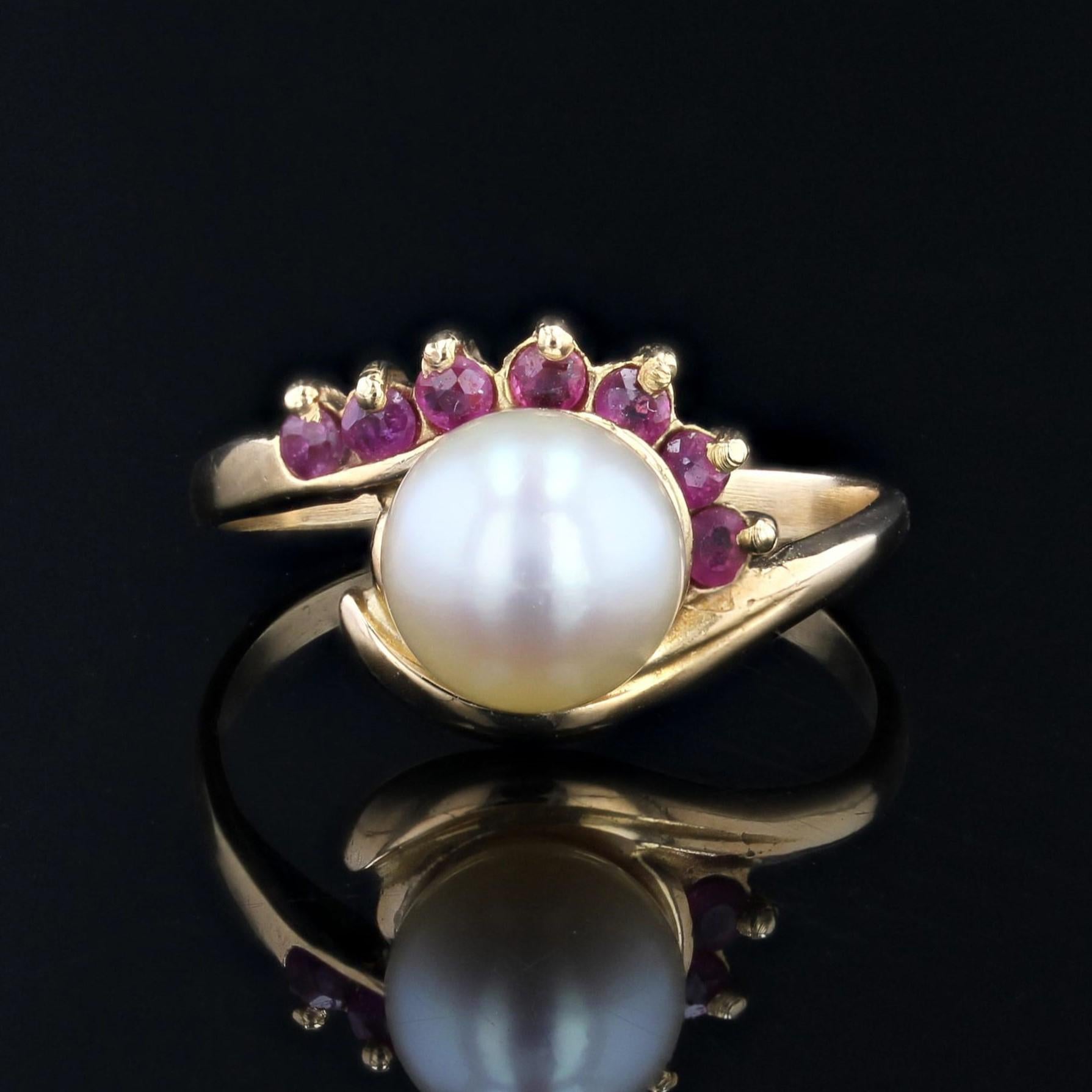 Women's Modern Rubies Cultured Pearl 18 Karat Yellow Gold Ring For Sale