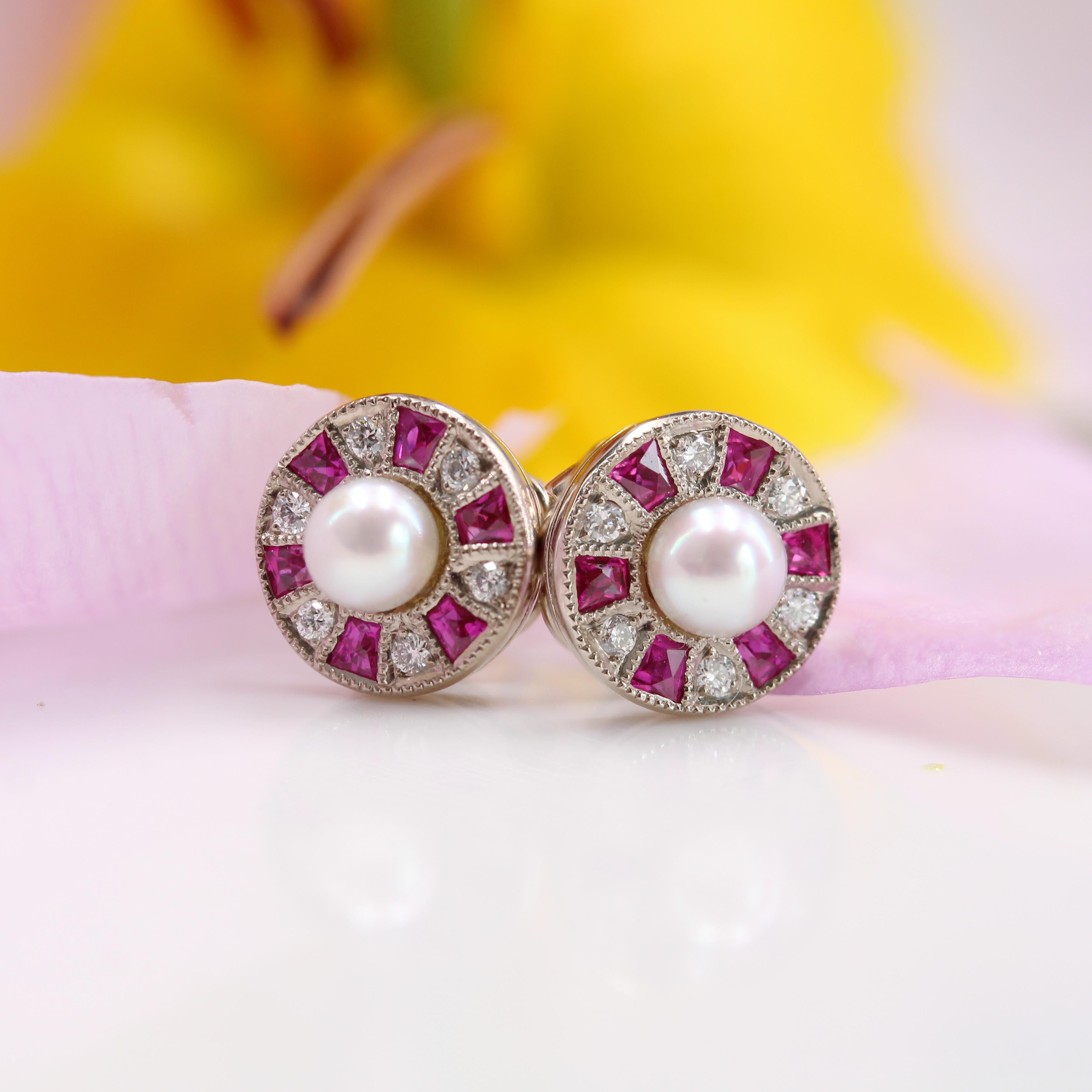 Art Deco Modern Rubies Diamonds Cultured Pearl 18 Karat White Gold Stud Earrings For Sale