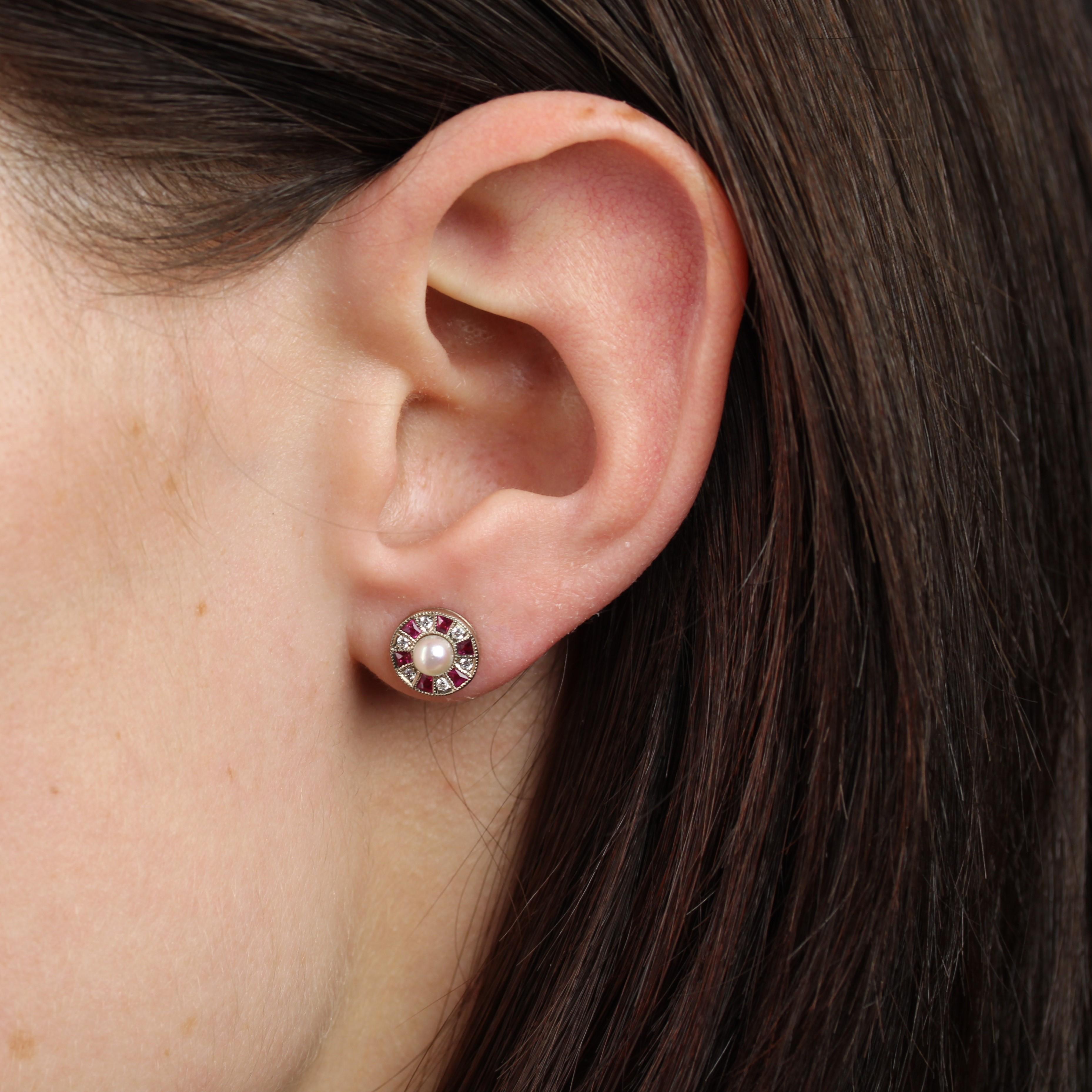 Modern Rubies Diamonds Cultured Pearl 18 Karat White Gold Stud Earrings For Sale 2