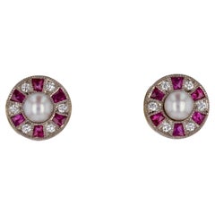 Clous d'oreilles modernes en or blanc 18 carats, rubis, diamants et perle de culture