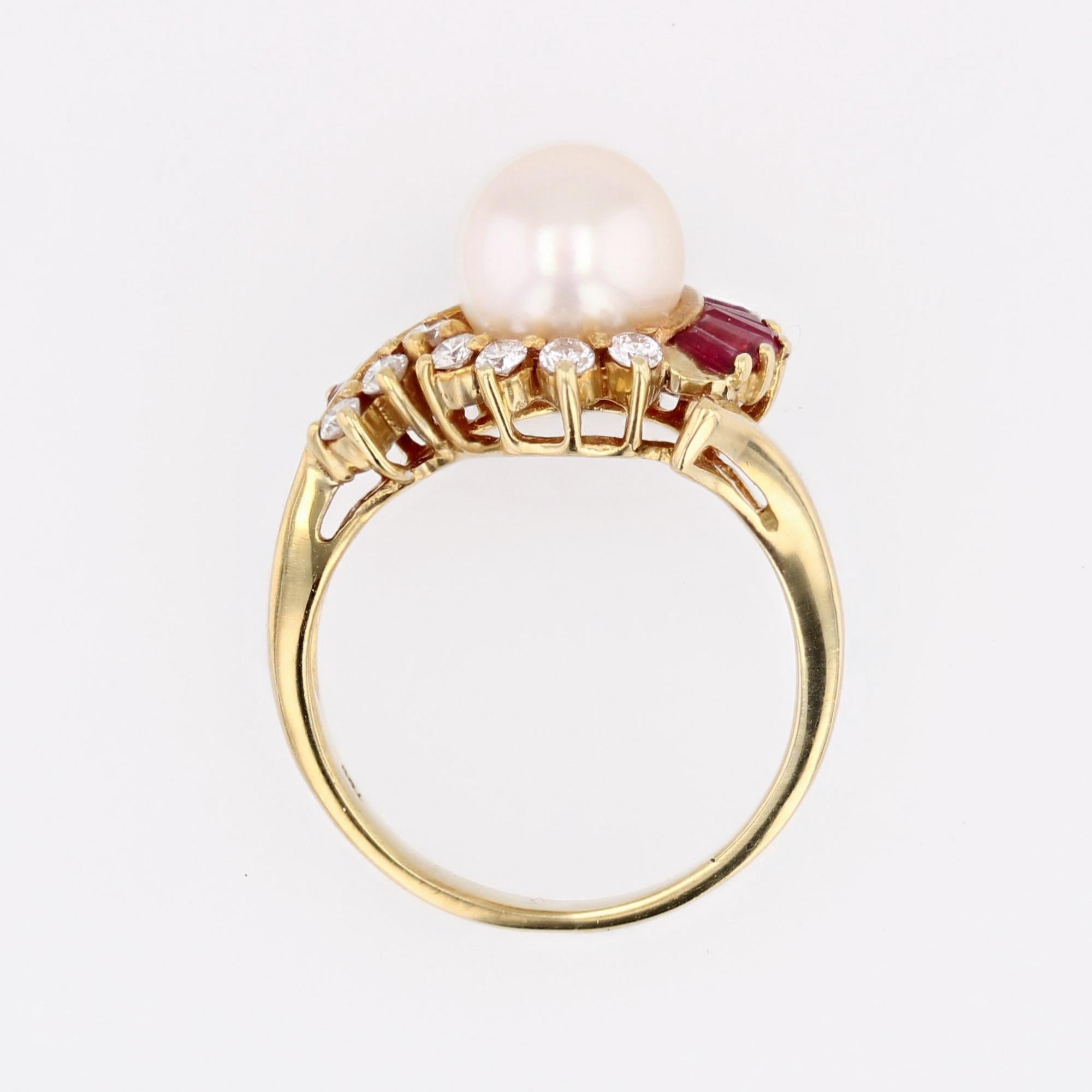 Anillo Remolino Moderno Rubíes Diamantes Perla Cultivada Oro Amarillo 18 Kilates en venta 10