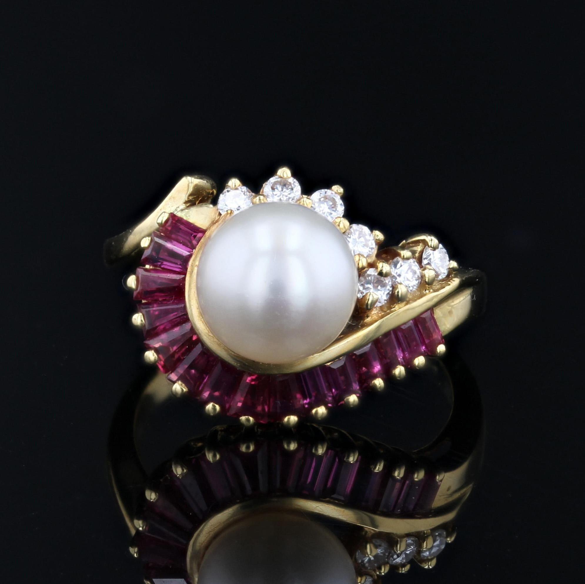 De las mujeres Anillo Remolino Moderno Rubíes Diamantes Perla Cultivada Oro Amarillo 18 Kilates en venta