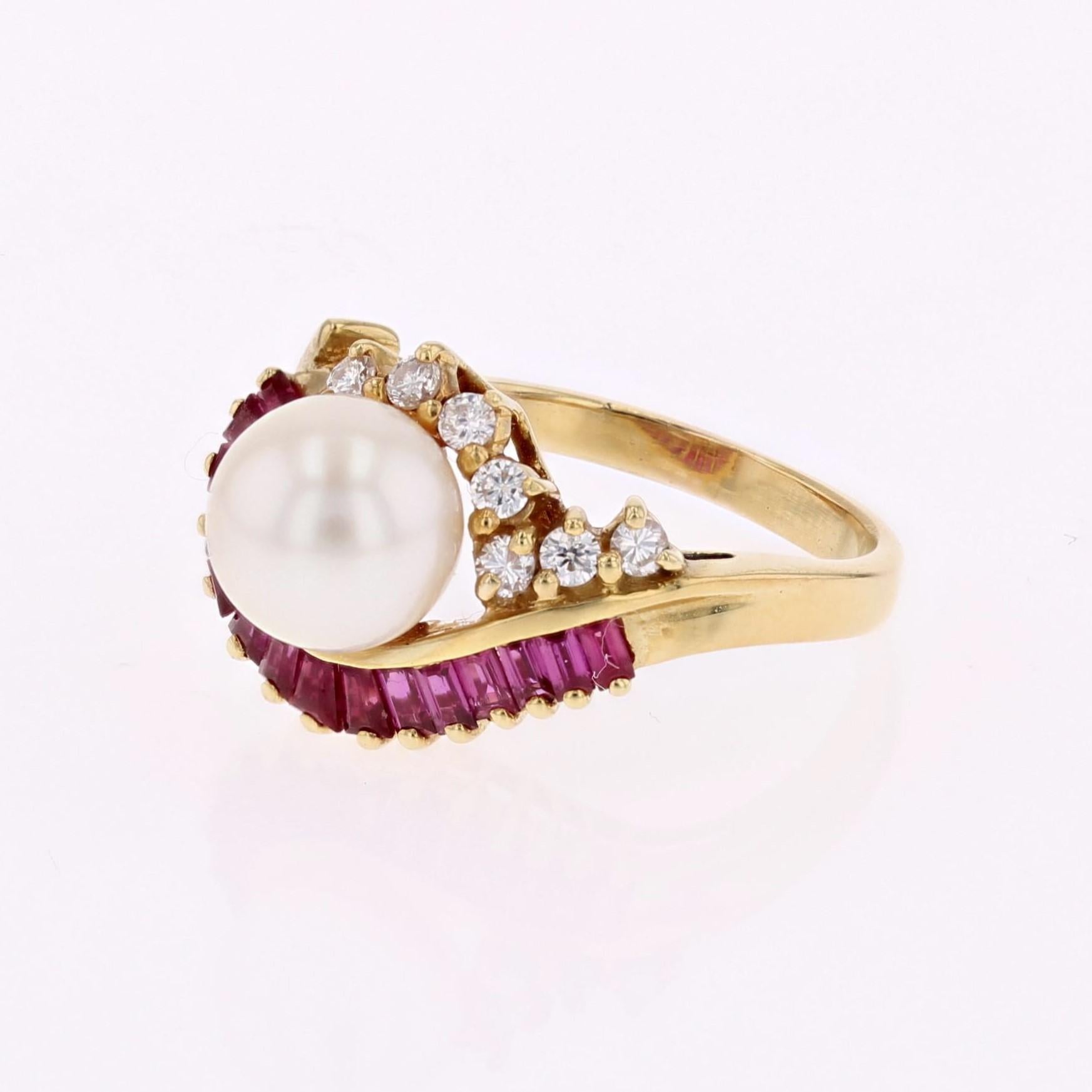 Anillo Remolino Moderno Rubíes Diamantes Perla Cultivada Oro Amarillo 18 Kilates en venta 4