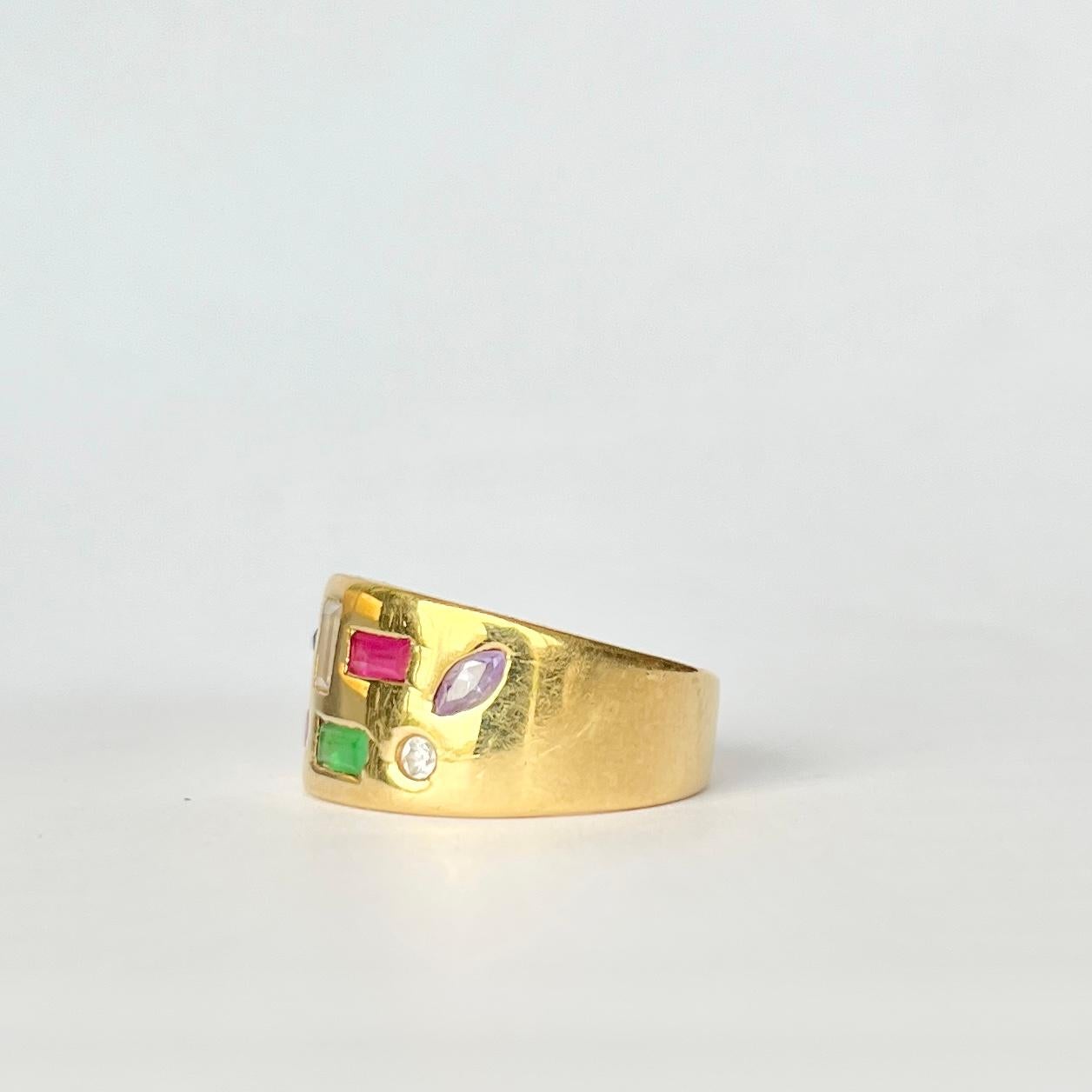 Modernes modernes Rubin-, Amethyst-, Saphir-, Smaragd- und Diamantband aus 15 Karat Gold 1