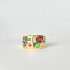 Modern Ruby, Amethyst, Sapphire Emerald and Diamond 15 Carat Gold Band