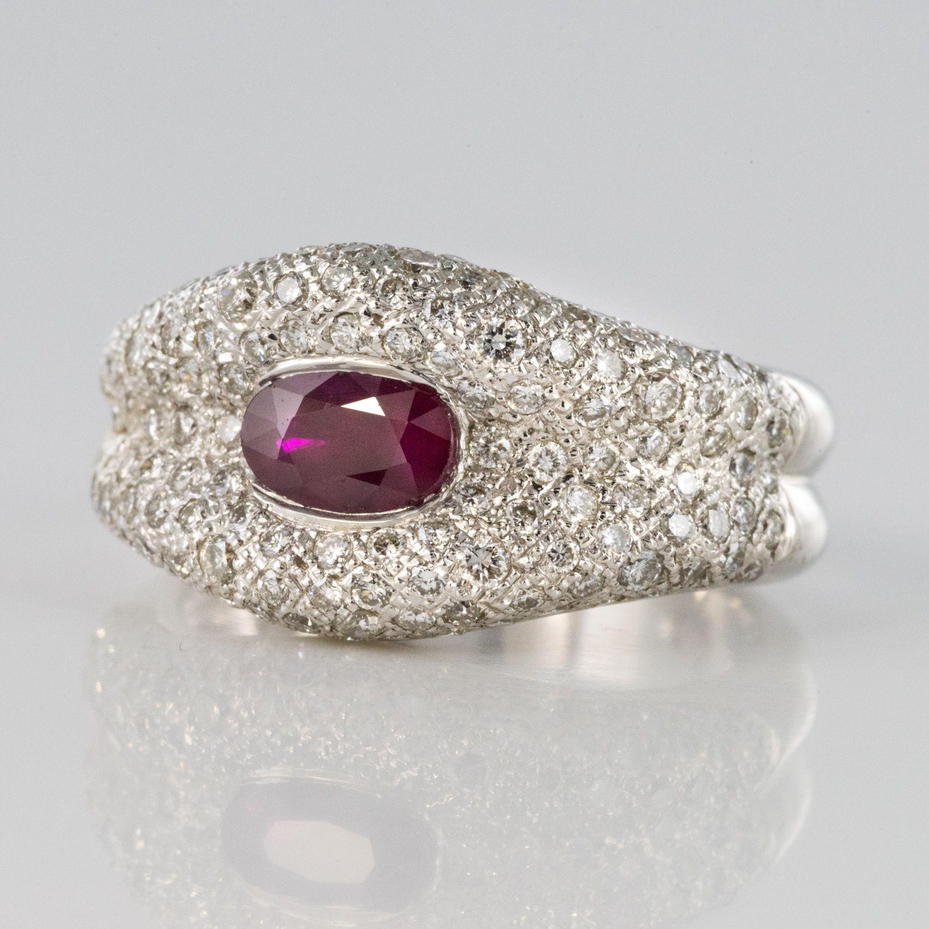 Oval Cut French Modern Ruby and Diamond 18 Carat White Gold Band Ring For Sale