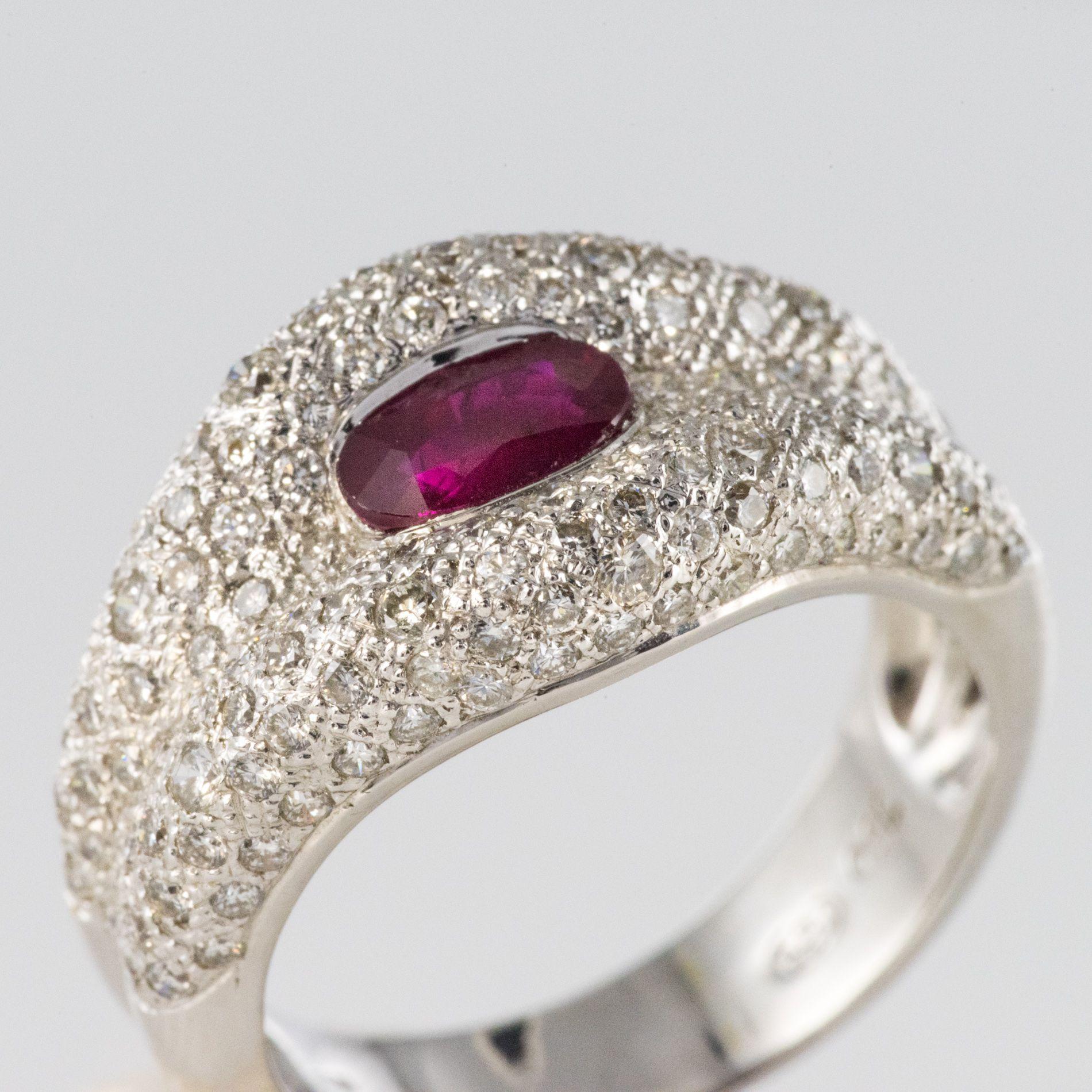 Women's French Modern Ruby and Diamond 18 Carat White Gold Band Ring For Sale